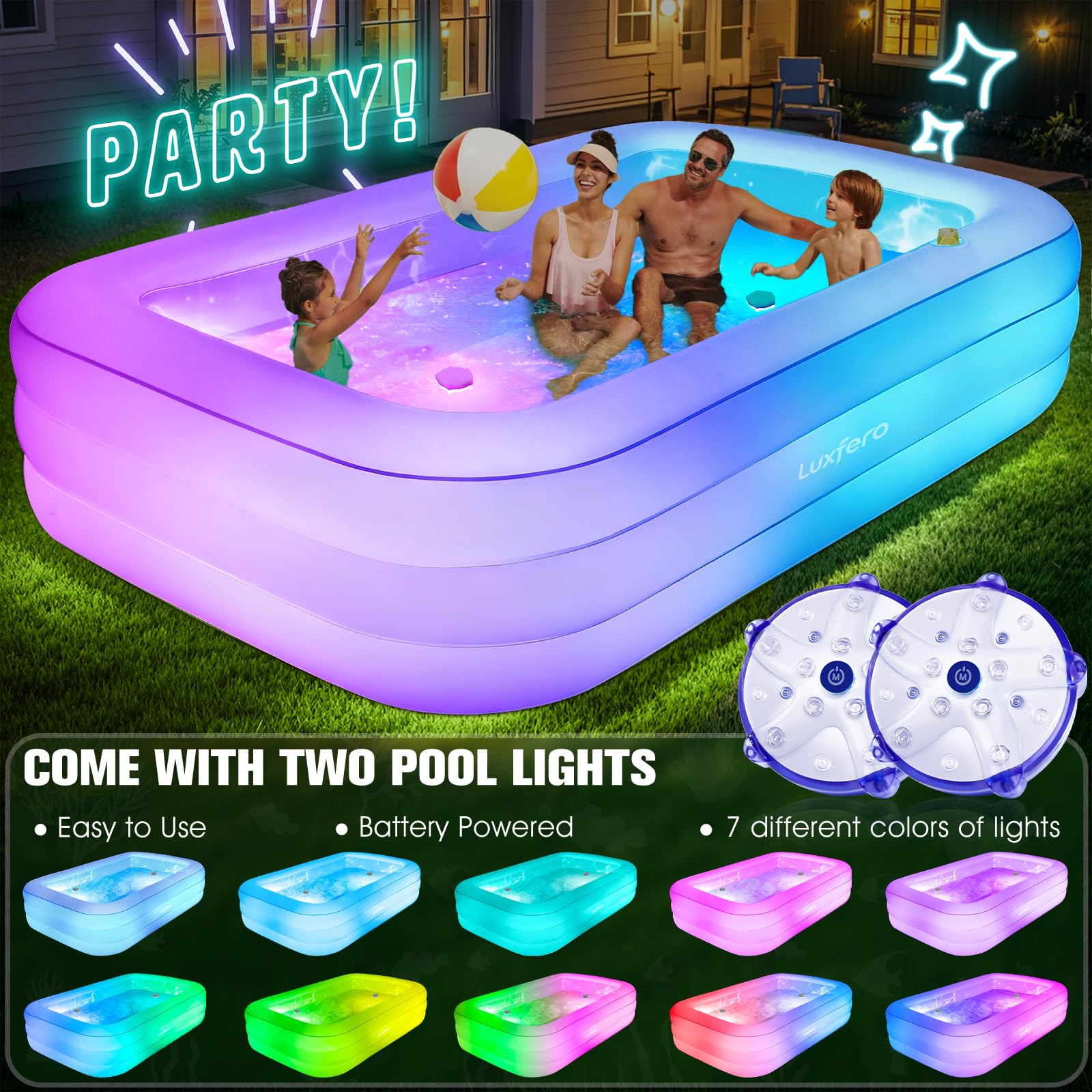 Luxfero Piscina Hinchable Grande con Asiento y Luces, 280x160x50 cm Piscina Inflable Adultos, 1400L Espesado Piscina Hinchables Rectangular, Piscina Hinchable Familiar para Jardin Adultos
