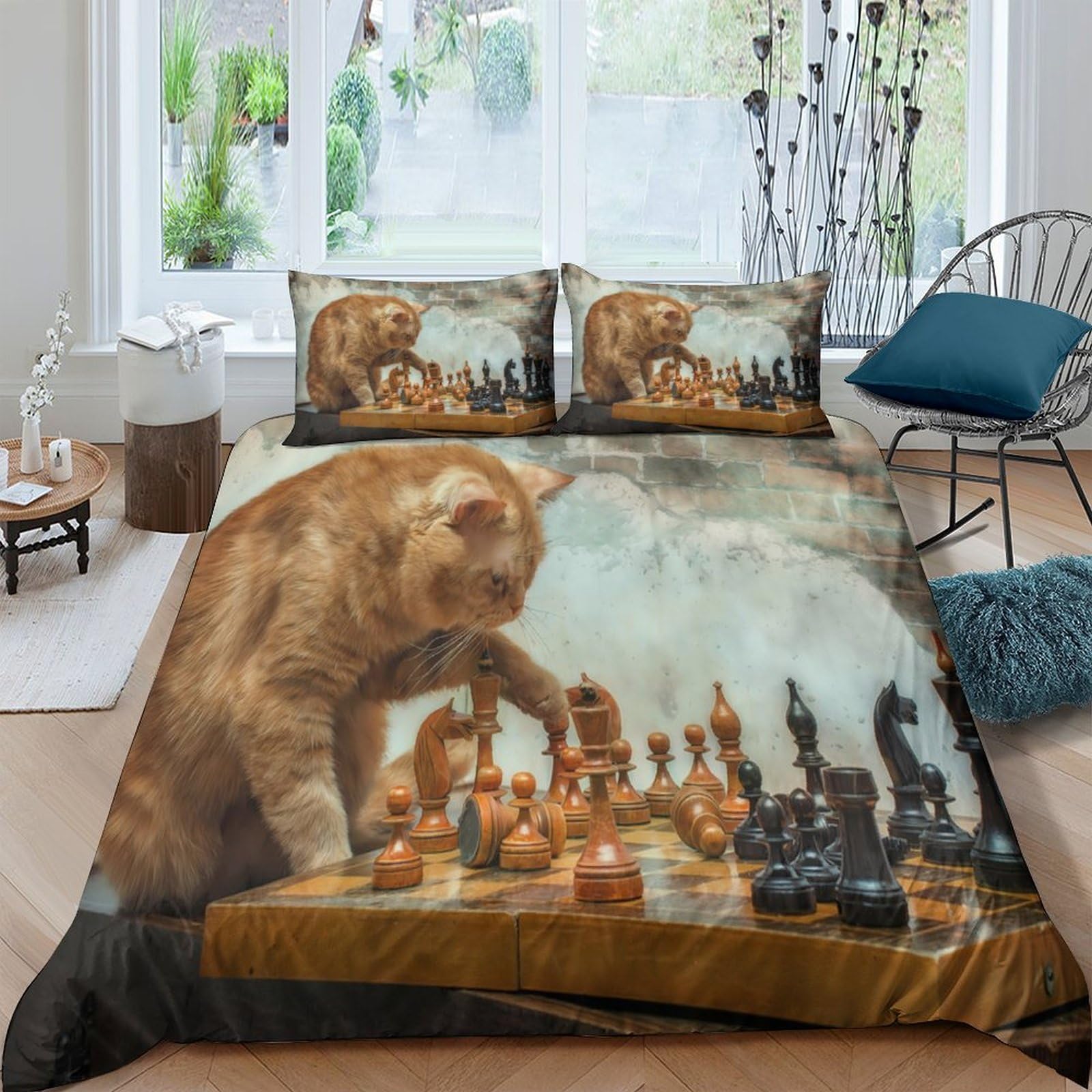 GPLZQXKJNH 3D Printed Ginger Cat Chess Duvet Cover Microfiber Soft Breathable Tabby Animal Bedding Set with 2 Pillowcases for Bedroom Decor Single（135x200cm）