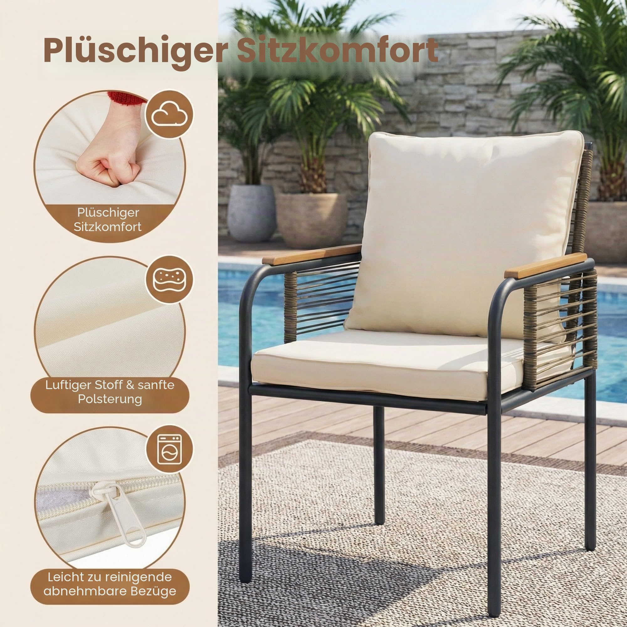 LIFEZEAL 3-TLG. Gartenmöbel Set, 3-teiliges Balkonmöbel-Set Rattan, Esstisch mit 2 Stühlen inkl. Sitzkissen, Terrassenmöbel Sitzgruppe für Balkon, Veranda, Garten, Hof (Beige)