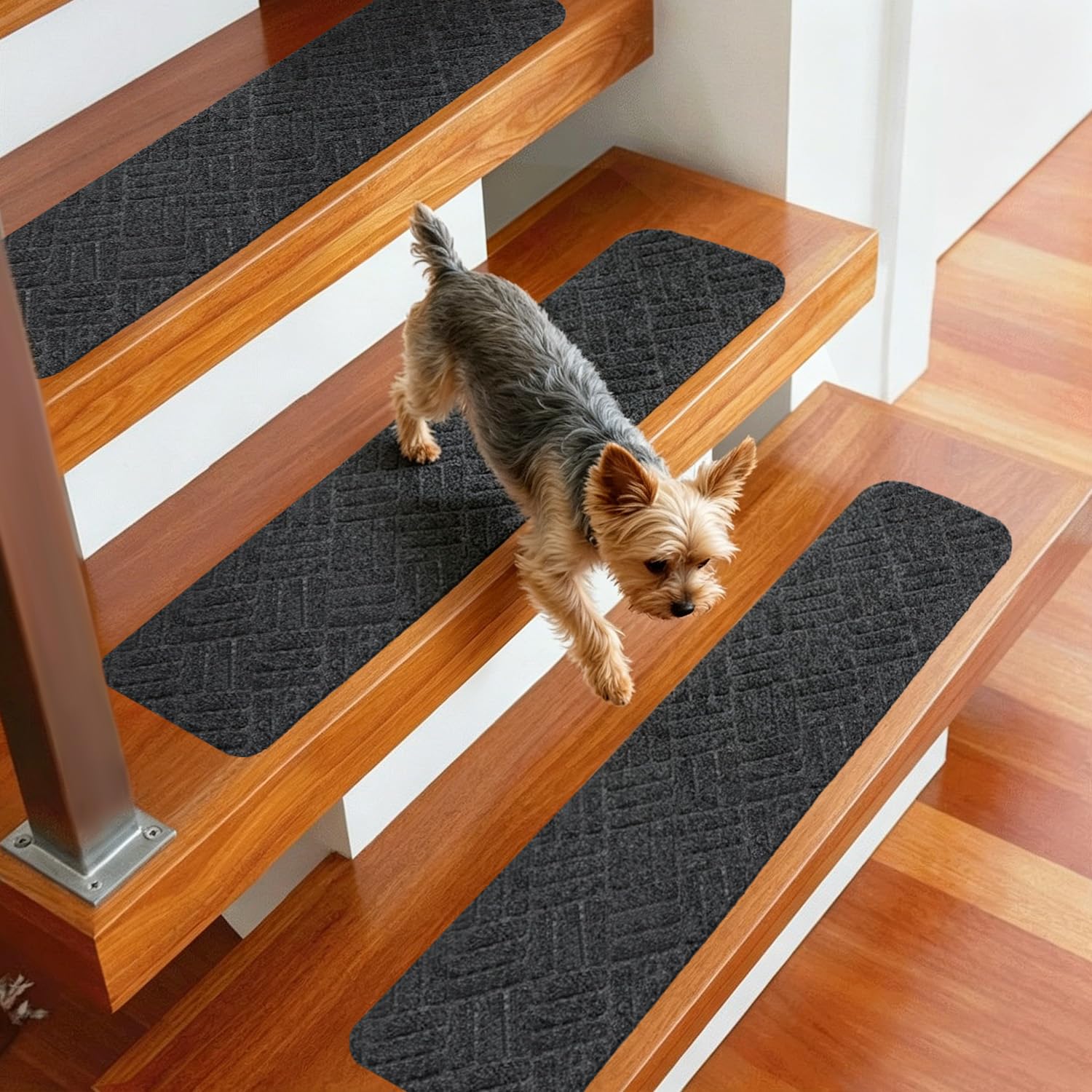 WELSTIK rutschfeste Treppenstufenmatten 20cm*76cm, Teppichläufer für Holzstufen im Innenbereich, Treppenmatten mit TPE-Rückseite, 100% Polyester, sicher für Kinder und Hunde (15Pack, grau)