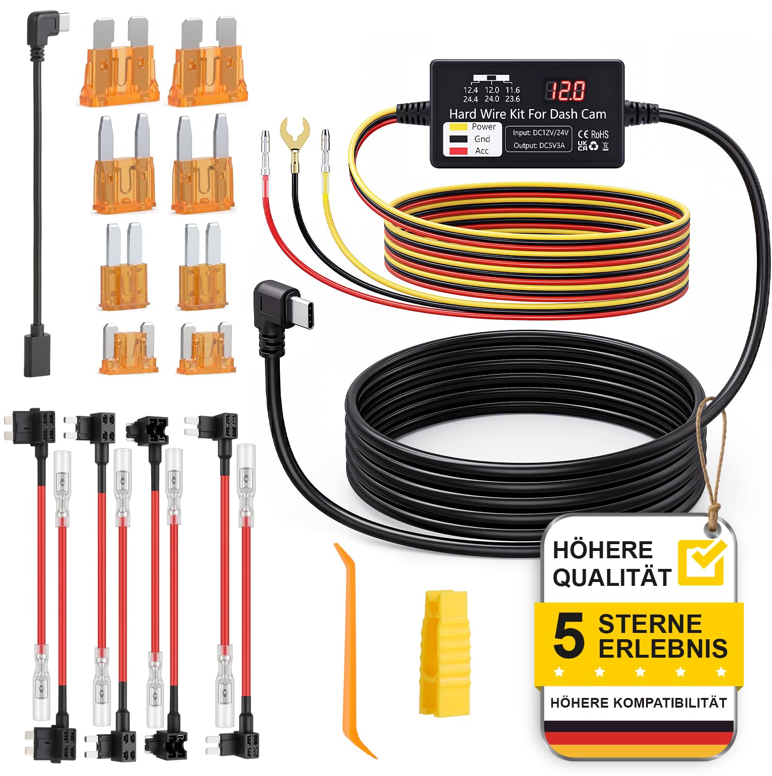 Valchoose Dashcam Hardwire Kit USB-C, 12V/24V auf 5V, 24 Std. Parkmodus, Niederspannungsschutz, Einfache Installation, hardwire kit dashcam, nur für EIN-Kanal USB-C Dashcams