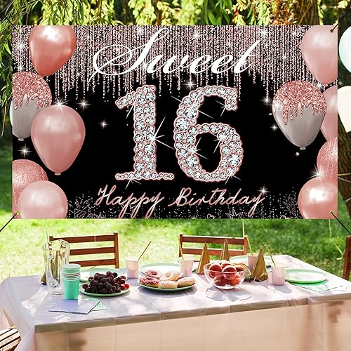 Miniatura 5 de Cartel de fondo de decoración de fiesta con el número 16 de Happy Sweet 16, decoraciones de dulces dieciséis para niñas, oro rosa, letrero de feliz