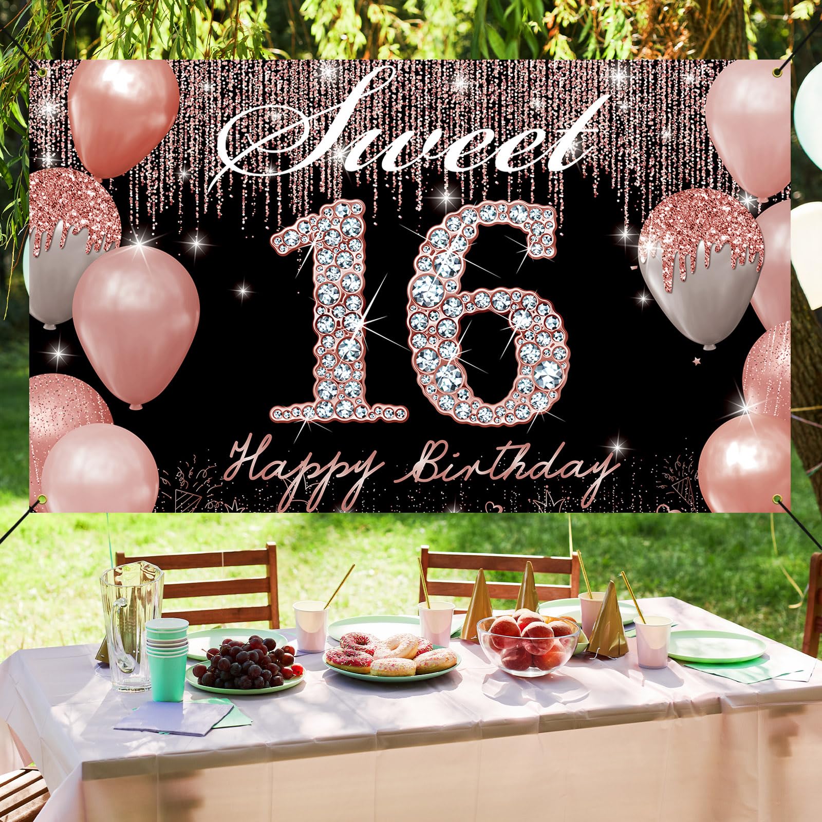 Happy Sweet 16 Banner – Gold-Weiß, 183x100 Cm, Partydeko Für Mädchen, Foto-Hintergrund, Wiederverwendbar