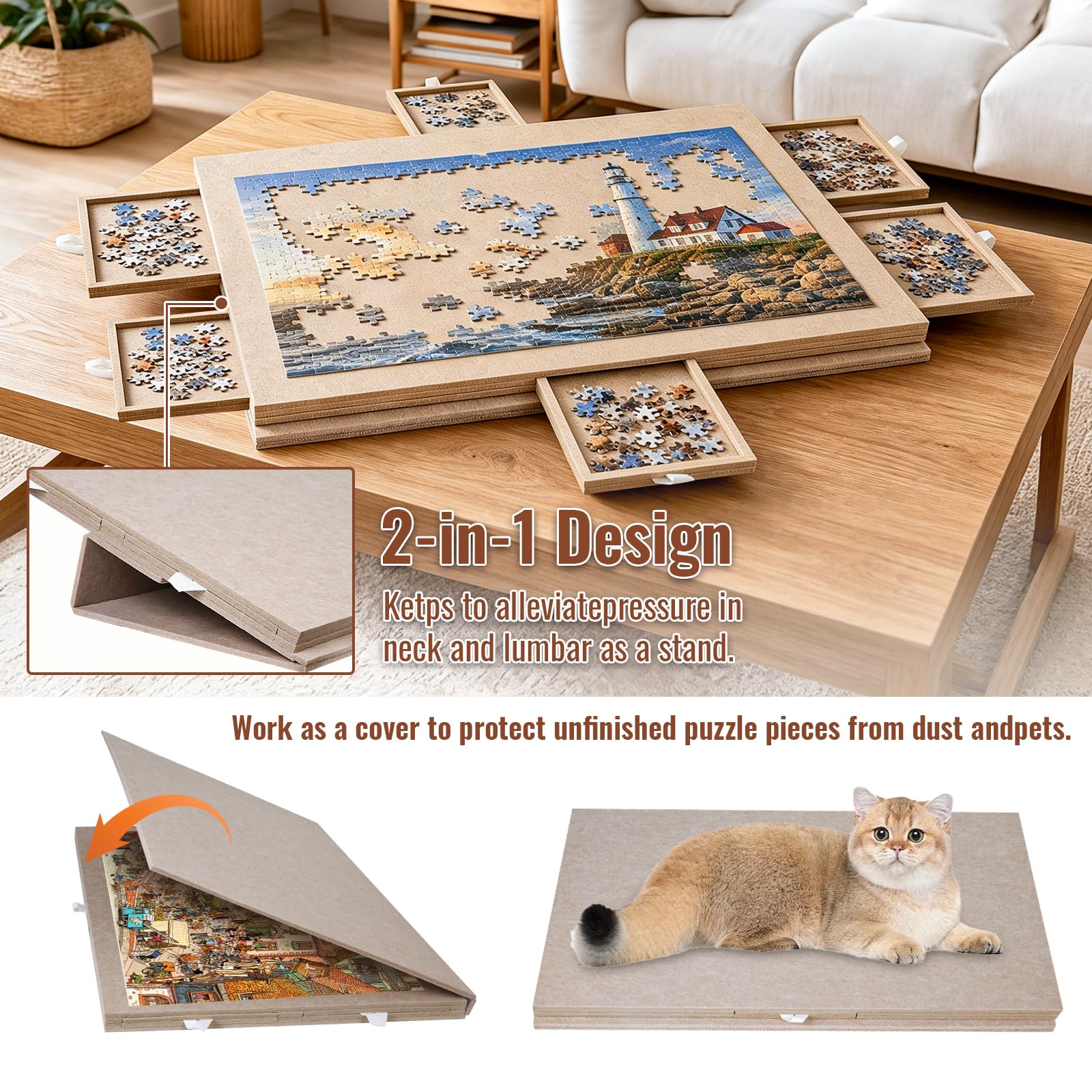 Tapete Puzzle 1000 Piezas con 6 Cajones de Clasificación, Beige