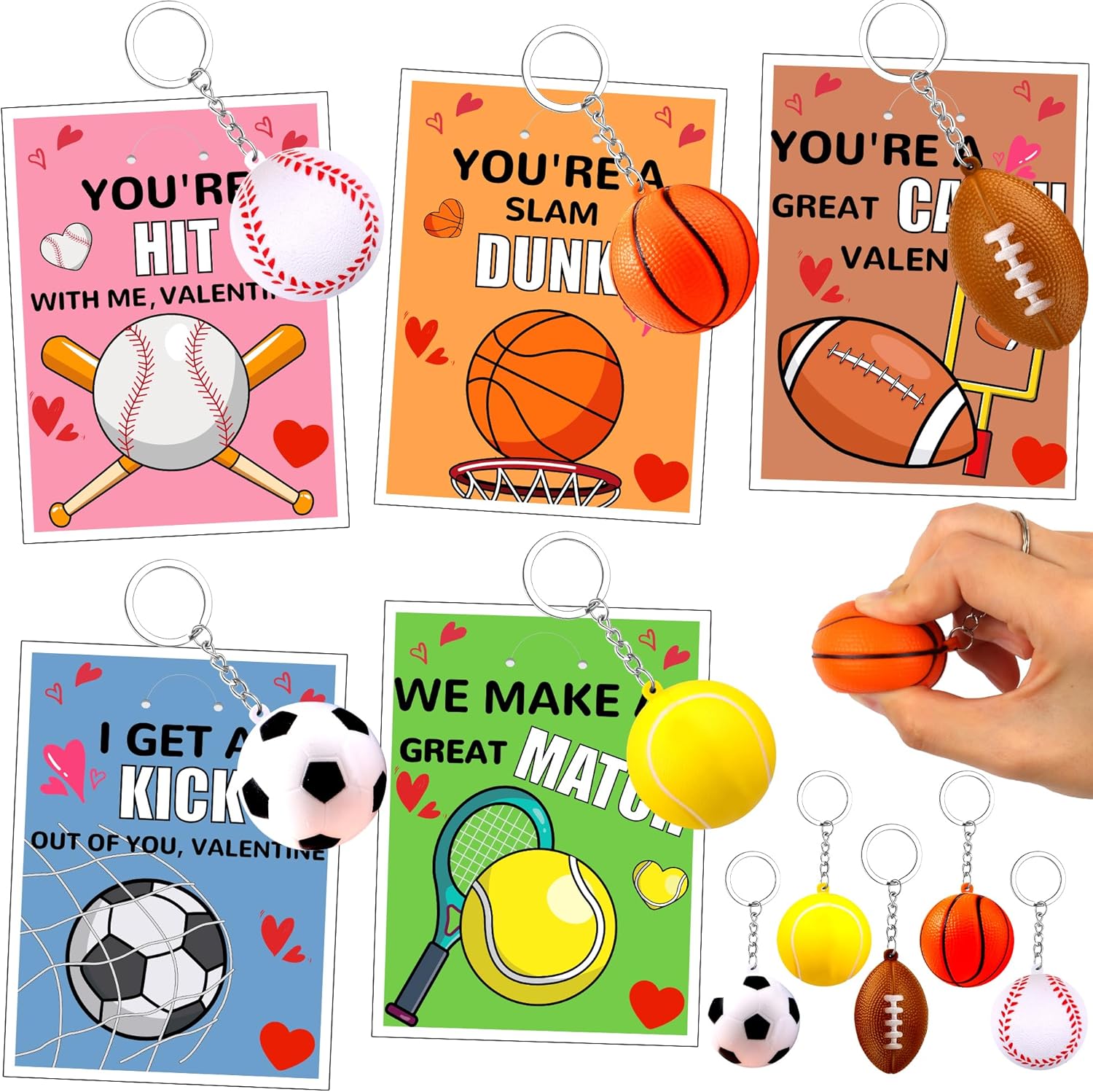30 Pack Valentines Day Gifts for Kids Classroom Valentines Day Cards for Kids School Sports Stress Balls Fidget Toys Keychains, Valentines for Boys Class Valentines Exchange Cards Party Favors Prizes