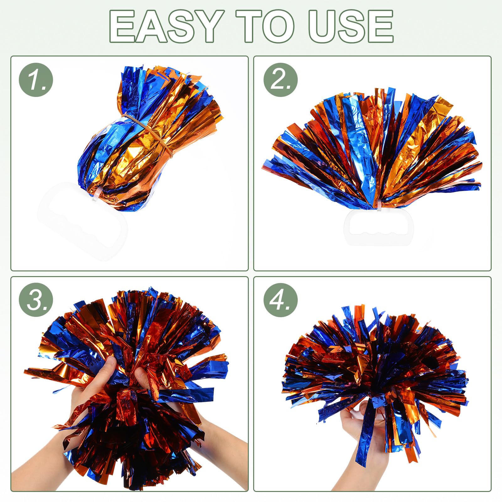 Pompon da cheerleader metallizzati con anelli per manico per sport danza tifo