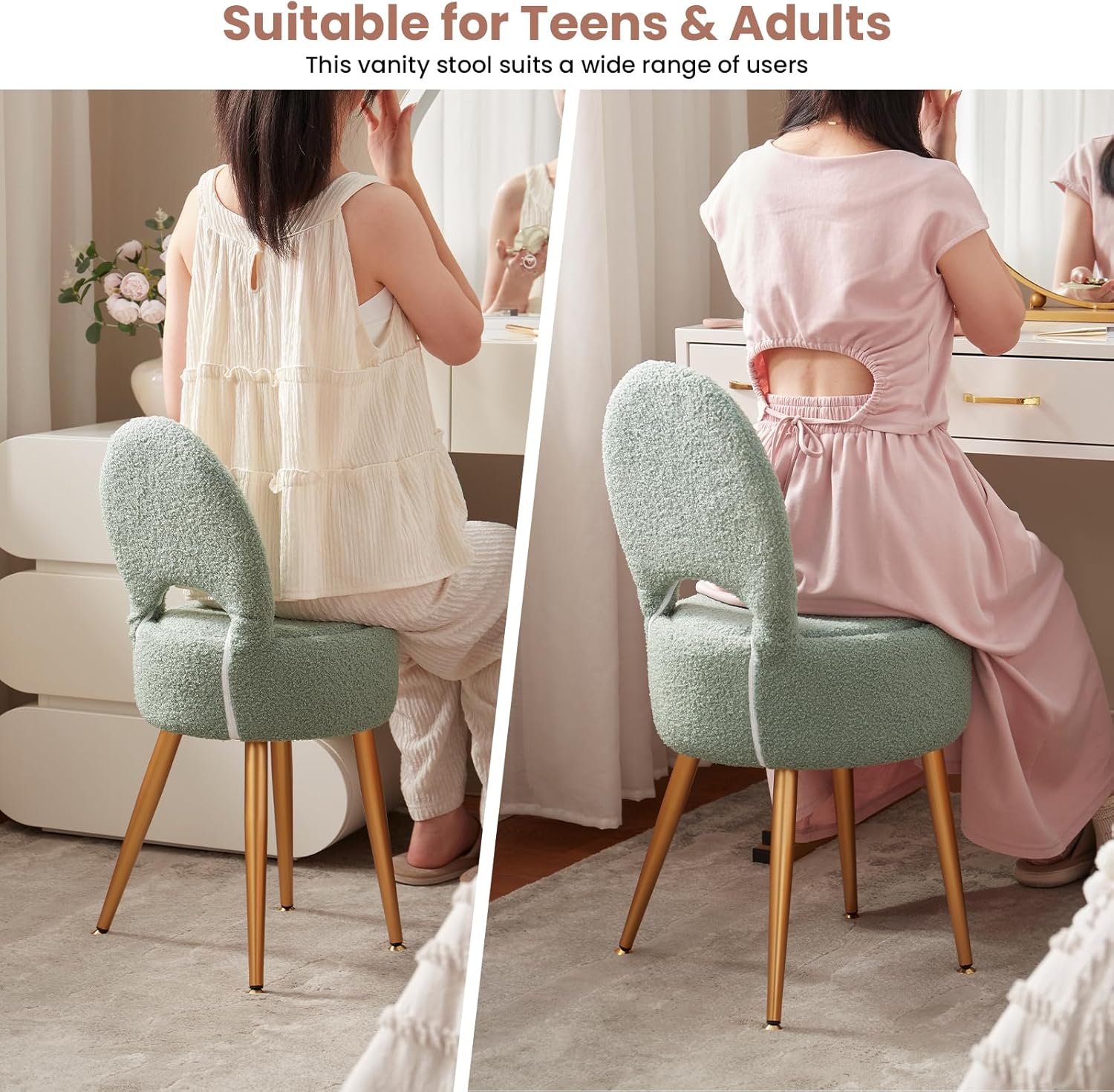 Small Vanity Stool Chair with Storage and Folding Back,4 Metal Legs with Anti-Slip Feet,Round Ottoman with Velvet Seat, Furry Padded Seat for Makeup, Bedroom (Black, Small)