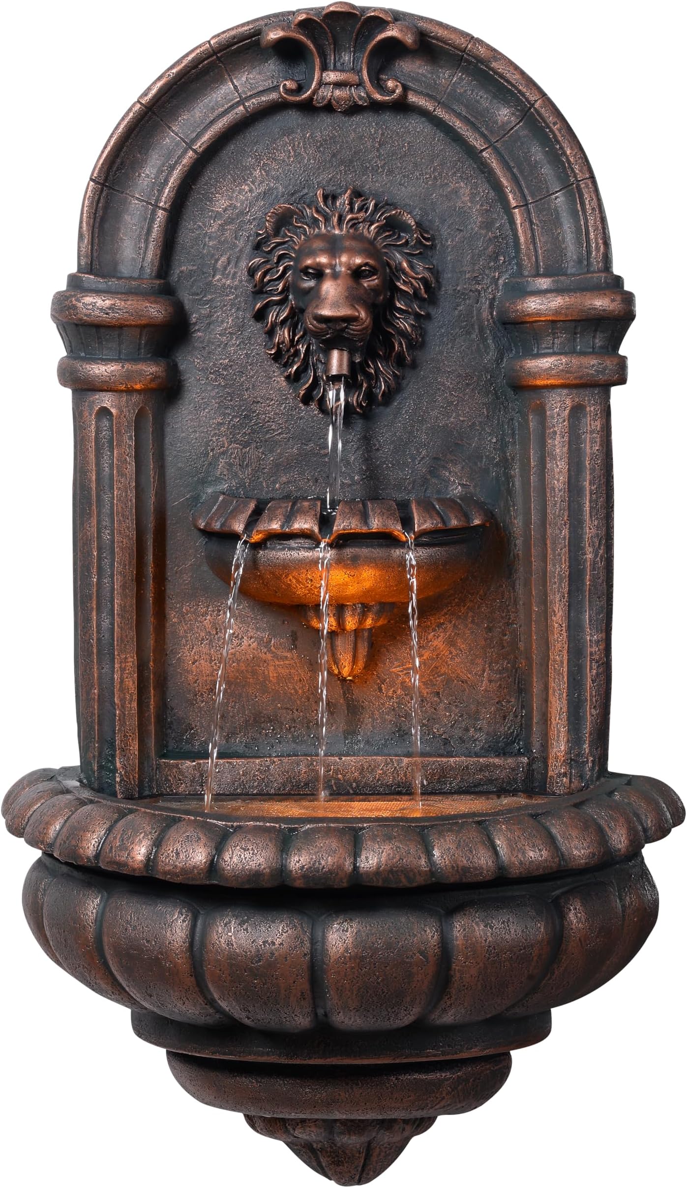 Teamson Home 32.1 in. Wall-Mounted Lion Head Stone LED Outdoor Water Fountain for Gardens, Landscaping, Patios, Balconies, Lawns to Create a Calming Oasis in Outdoor Living Spaces, Antique Bronze