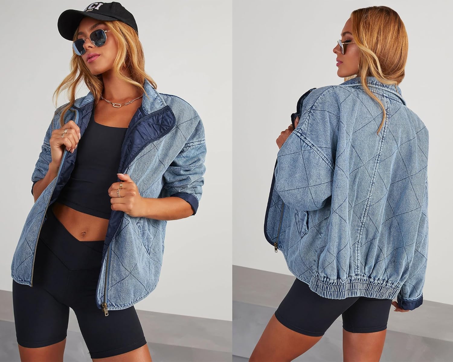 utcoco Women's Oversized Long Sleeve Denim Jacket Casual Loose Fit Zip Up Jean Quilted Jackets Coat with Pockets - Image 6