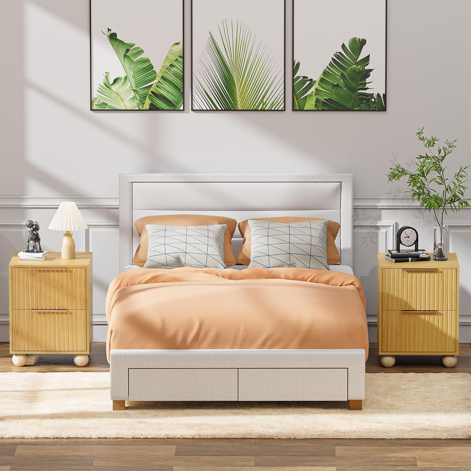 Fluted Nightstand Set of 2, Boho Night Stand with Spacious Storage Drawers, Natural Oak Bedside Table with Solid Wood Round Legs for Bedroom, End Table, Side Table