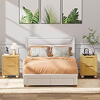 Vista 7 de Fluted Nightstand Set of 2, Boho Night Stand with Spacious Storage Drawers, Natural Oak Bedside Table with Solid Wood Round Legs for Bedroom, End