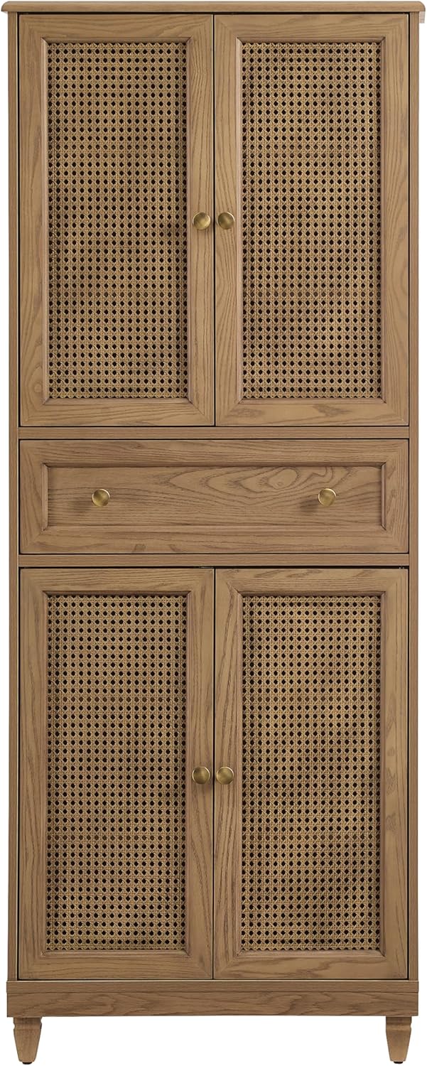 Crosley Furniture Katia Traditional Rattan Pantry Storage Cabinet Shelves, Dining, Laundry Room, Bathroom, Driftwood