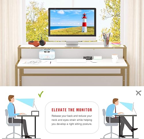 Miniatura 6 de Teraves Escritorio para computadora con estantes de 5 niveles, escritorio reversible con almacenamiento de 33 pulgadas, mesa de estudio para oficina