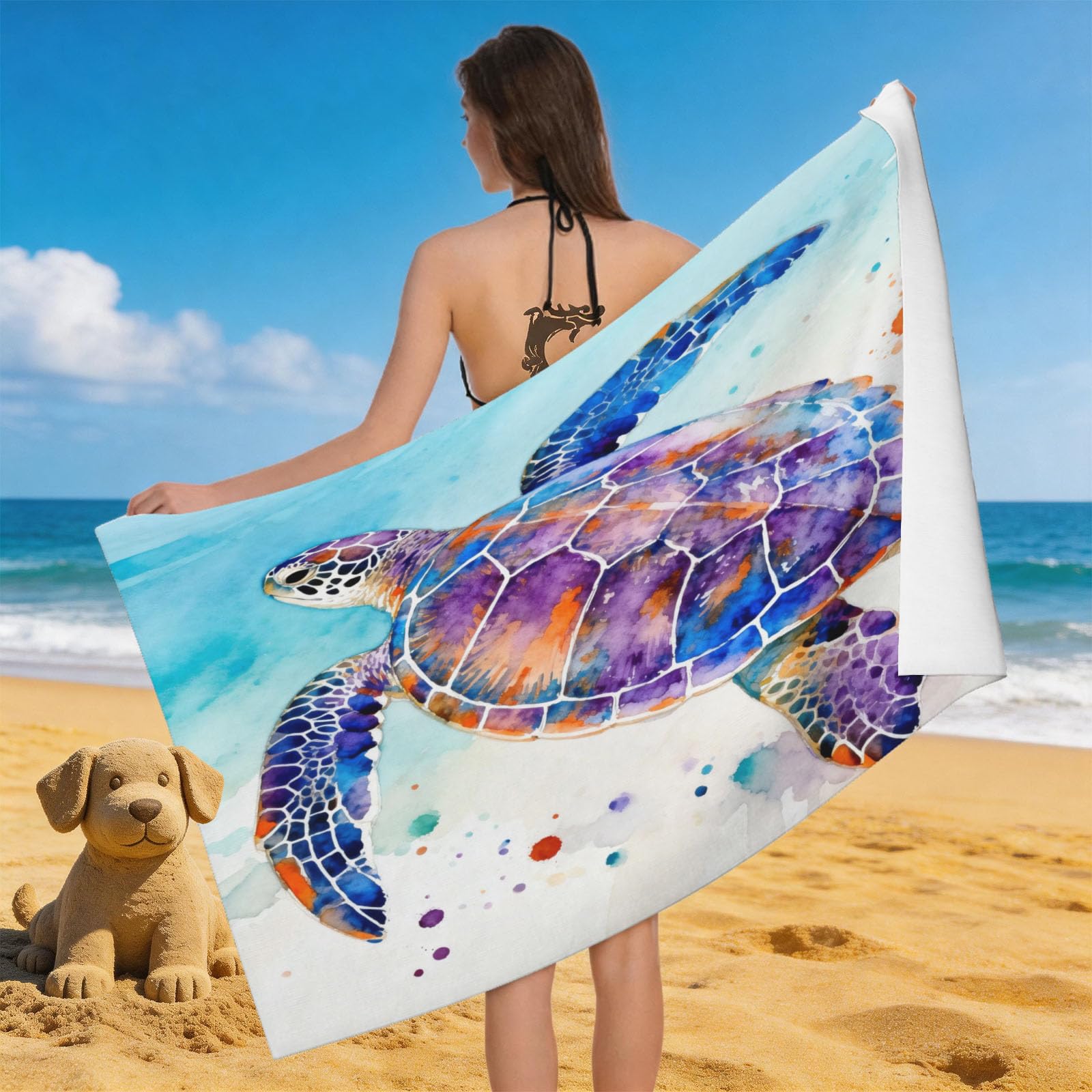 Leichong 3D Watercolor Sea Turtle Beach Towel Large Microfiber Soft Quick Dry for Adults, Multi Coloured Bath Towel Lightweight Soft Absorbent for Travel Swimming Pool Sports, 80 x 160 cm