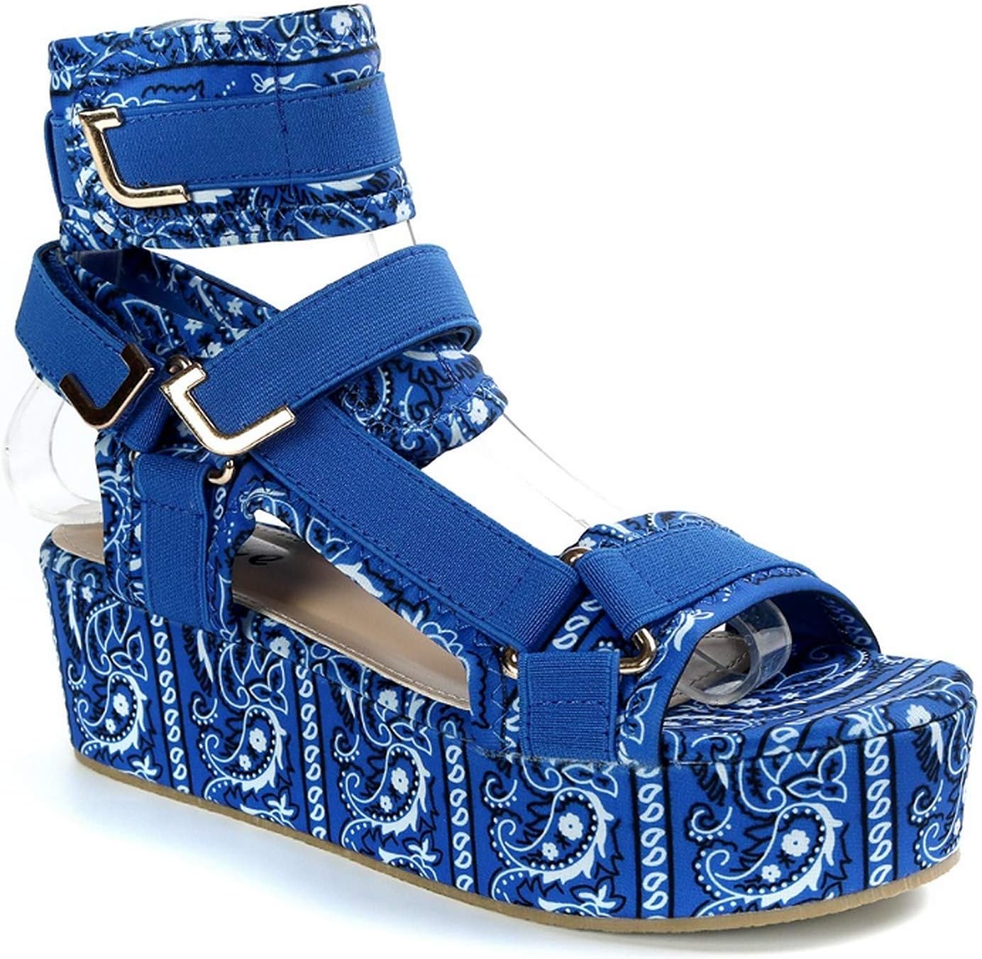 Mia Bandanna Platform Sandals for Women Open Toe Ankle Strap Shoes (Navy Bandanna, numeric_10)