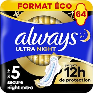 Always Serviettes Always Ultra Nuit Extra Sécurisées Taille 5 (Lot de 64)