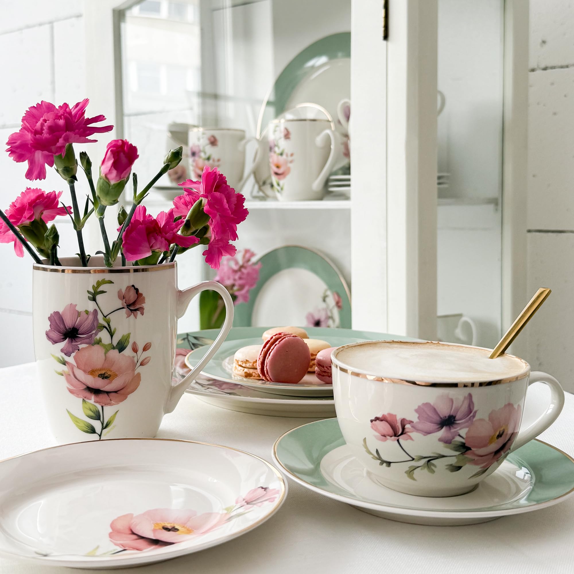 AMBITION Porcelanowy serwis do kawy z motywem kwiatowym Flores zestaw dla 6 osób