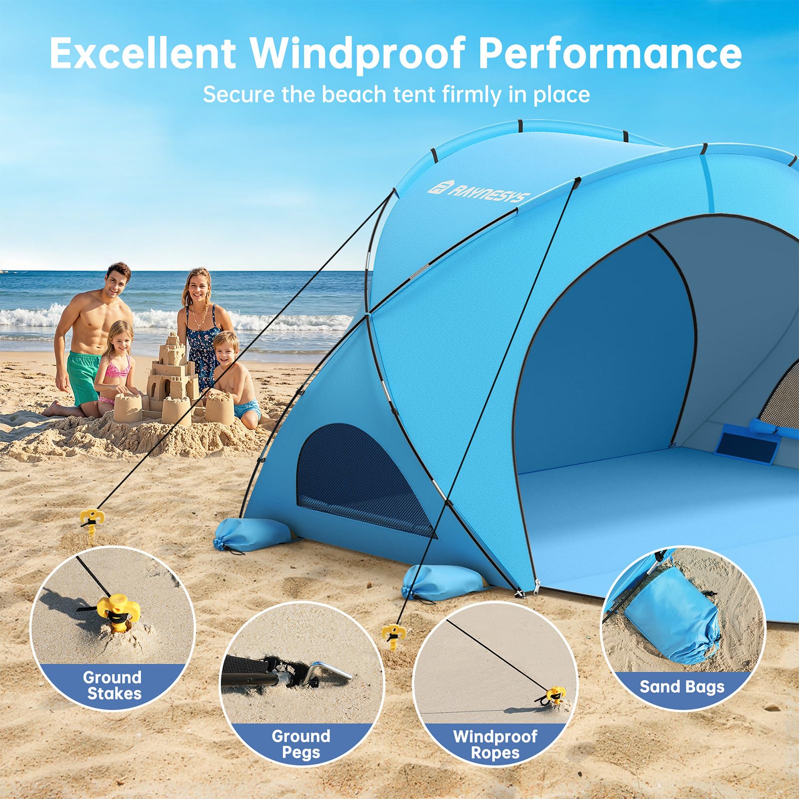 Raynesys Tenda da Spiaggia Parasole, Ombrellone con 2 Porte con Cerniera, Tenda da Spiaggia per 1-4 Persone, Parasole Portatile per Campeggio e Pesca, Blu