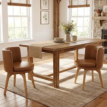 Swivel Dining Chairs Set of 2, 360 Rotating Kitchen Chairs with Solid Rubber Wood Legs, Upholstered Barrel Back Dining Room Seating for Modern Home/Kitchen - Bronw PU