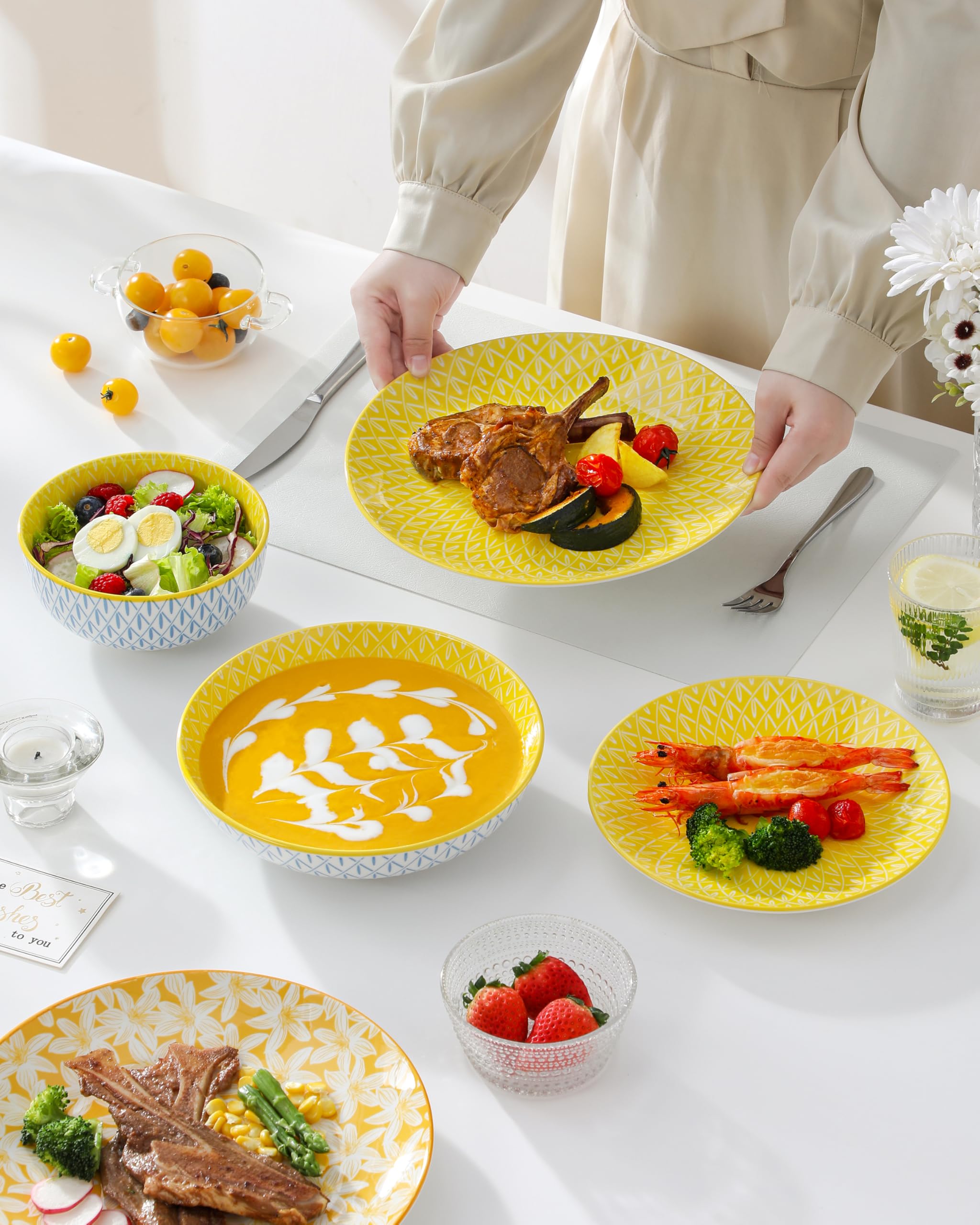 vancasso SELENE Vajillas Completas 6 Personas, Juego de 24 Piezas Vajillas en Porcelana Pastel - 6 Platos Llanos, 6 Platos de Postre, 6 Cuencos para Pasta y 6 Cuencos, Apto para Lavavajillas