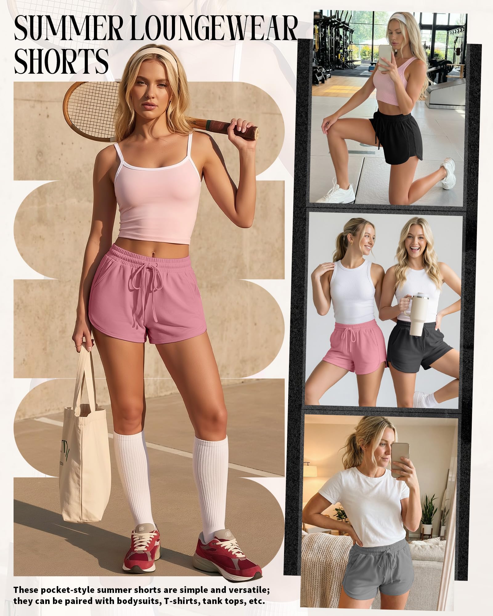 Neer Lot de 4 shorts de survêtement pour femme, shorts d'entraînement athlétiques décontractés avec poches et cordon de serrage