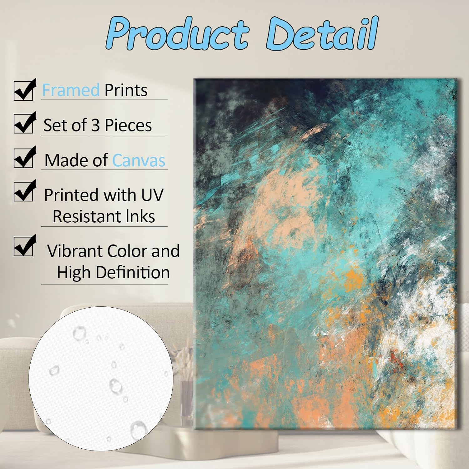 Pennimor 3Pcs Framed Abstract Canvas Wall Art, Abstract Teal Orange Poster Wood Wall Decor, Modern Minimalist Artwork Printing for Office Living Room Bathroom Bedroom Home Farmhouse Decoration 12x16in