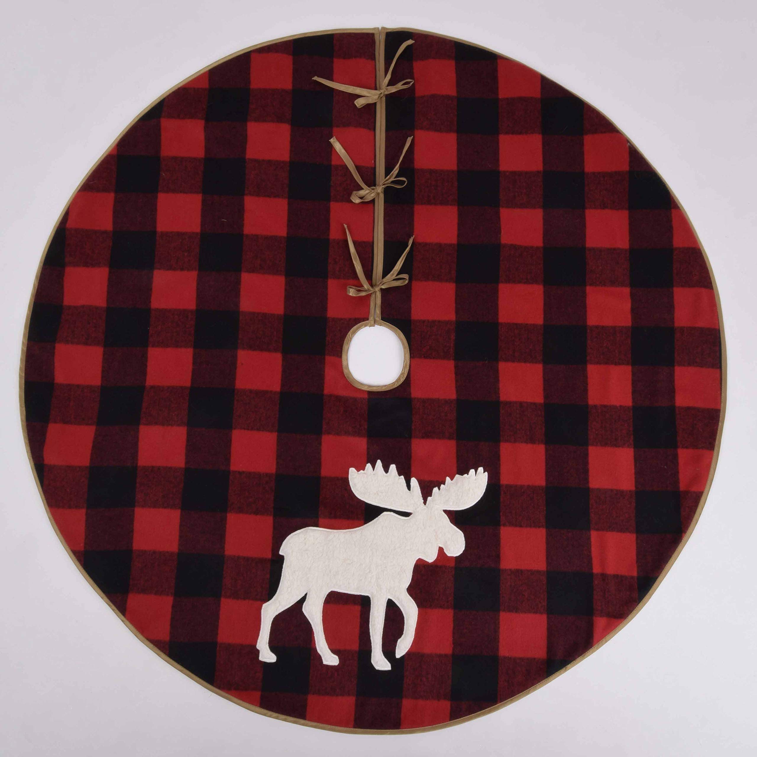 Gireshome Buffalo Check Plaid,Yarn-Dyed Style with White Sherpa Reindeer Applique Embroidery,Reverse to Ploar Fleece Christmas Tree Skirt -48inch