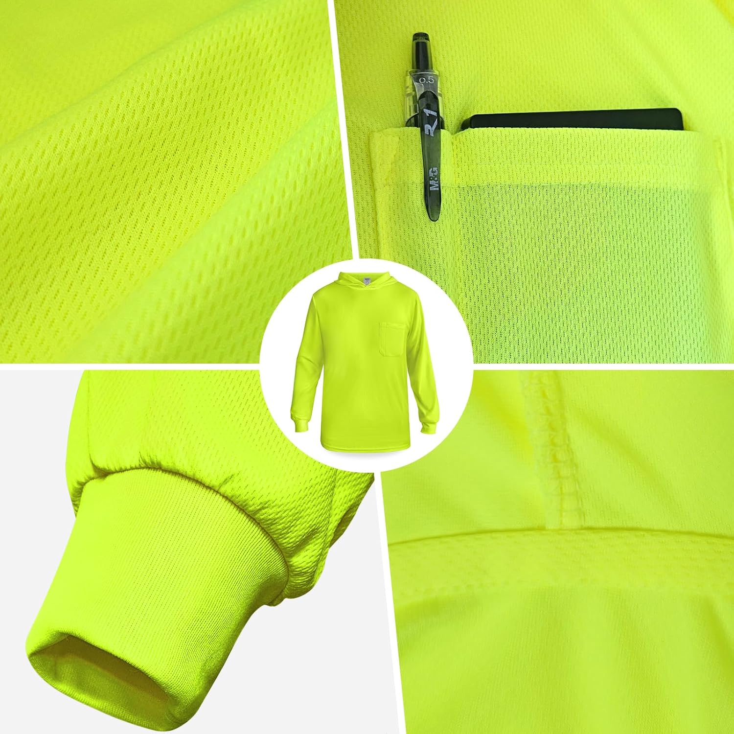 TCCFCCT High Visibility Shirts for Men Women Class 3 Hi Vis Shirts for Men with Hood, Long Sleeve Reflective Safety Work Shirts for Construction, Surveyors, Breathable, LMS-Yellow L,3pcs - Image 4