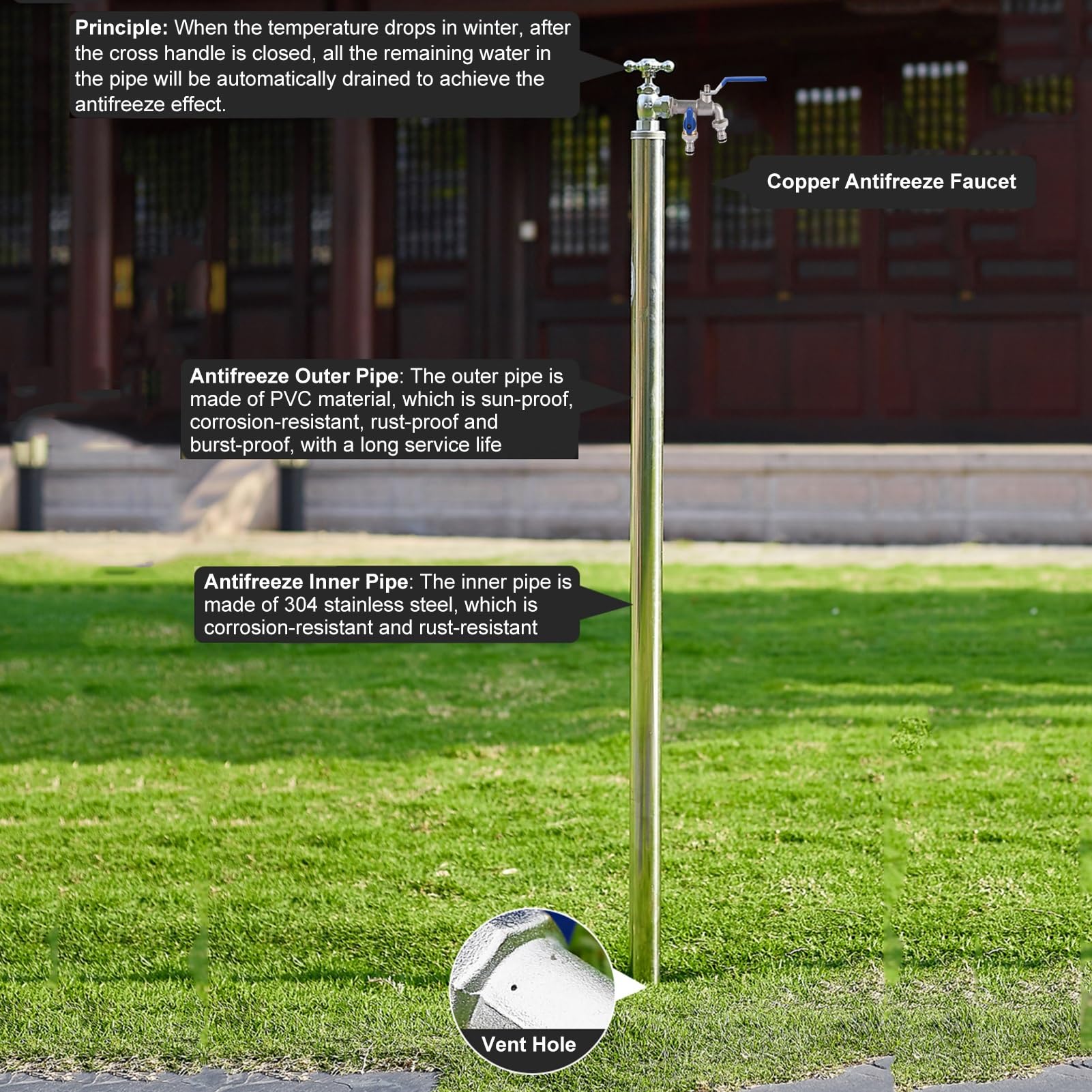 Columna de agua de jardín con grifo de 39 pulgadas, suministro de agua de doble grifo para uso en exteriores, manguera de jardín de 1 2 pulgadas, ideal para lacaping y jardinería