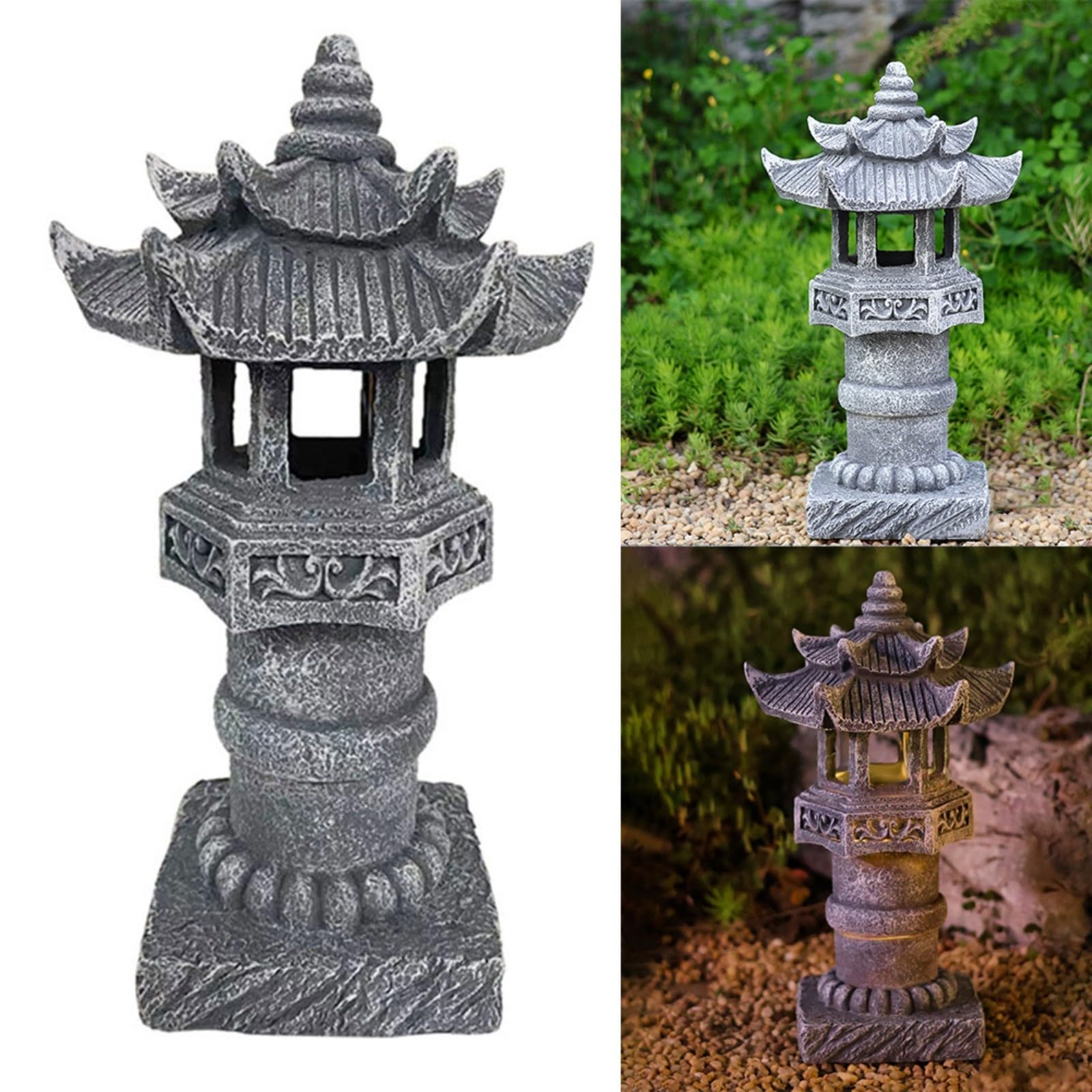 Lampada a pagoda ad energia solare, statua da giardino zen in resina con struttura in pietra, impermeabile IP44, lanterna da esterno per cortile, patio, prato, 12,2 x 12,2 x 30,5 cm