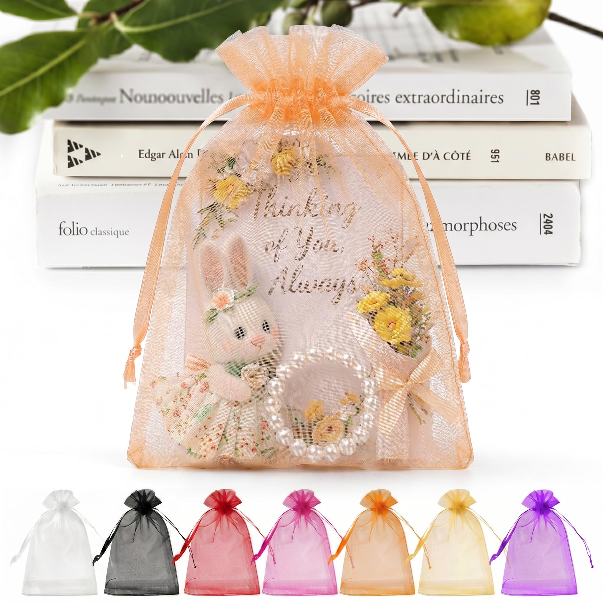 ANZNKU 100 PCS Organza Bags 5 x 7, Peach Small Mesh Gift Bags Drawstring