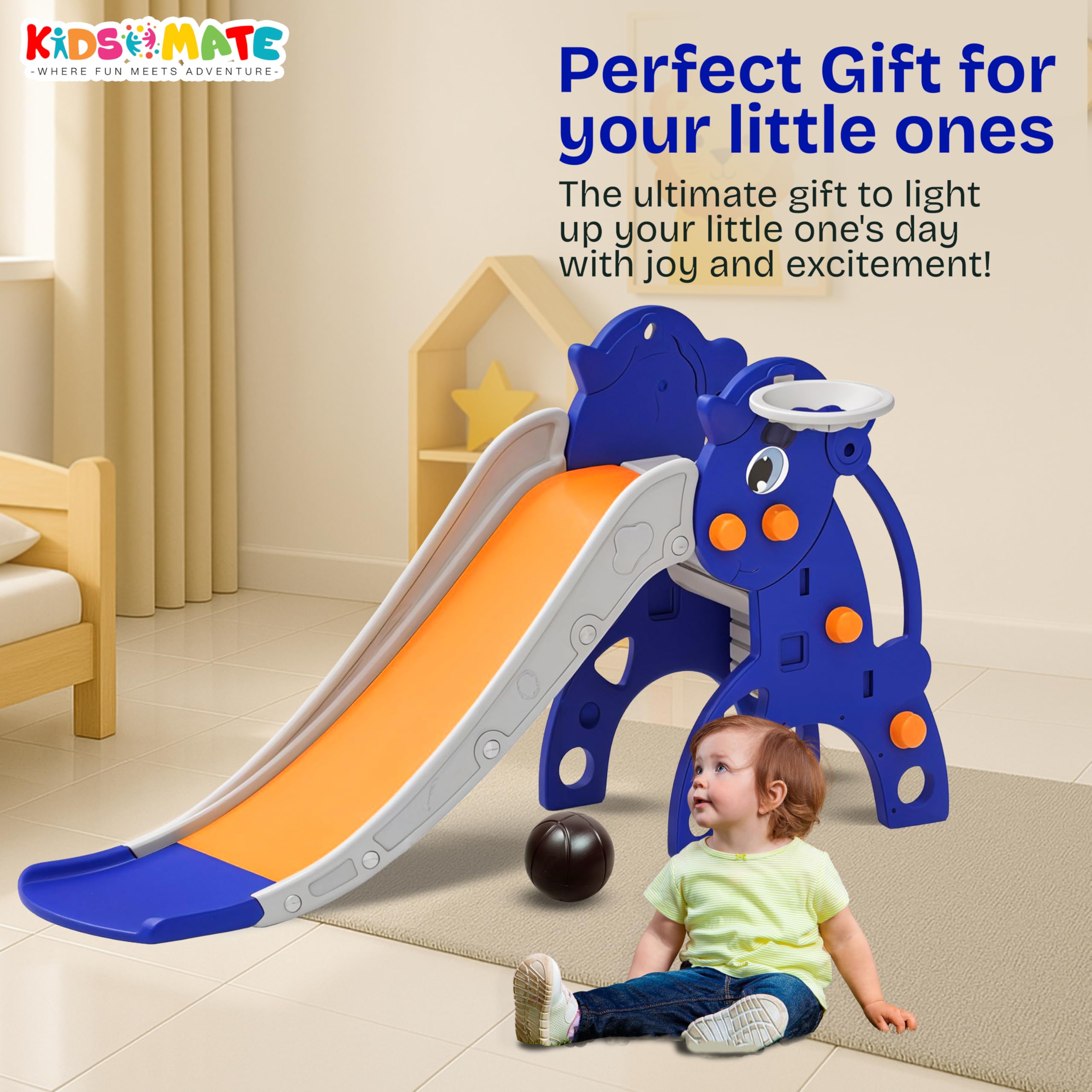 Kidsmate Unicorn Slide for Kids with Basketball Hoop | Baby Slides Indoor Outdoor Playset for Kids 2 Years+ | Safe & Sturdy Slider Toy | Fun Activity Children Sliding for Boys & Girls β Orange 1