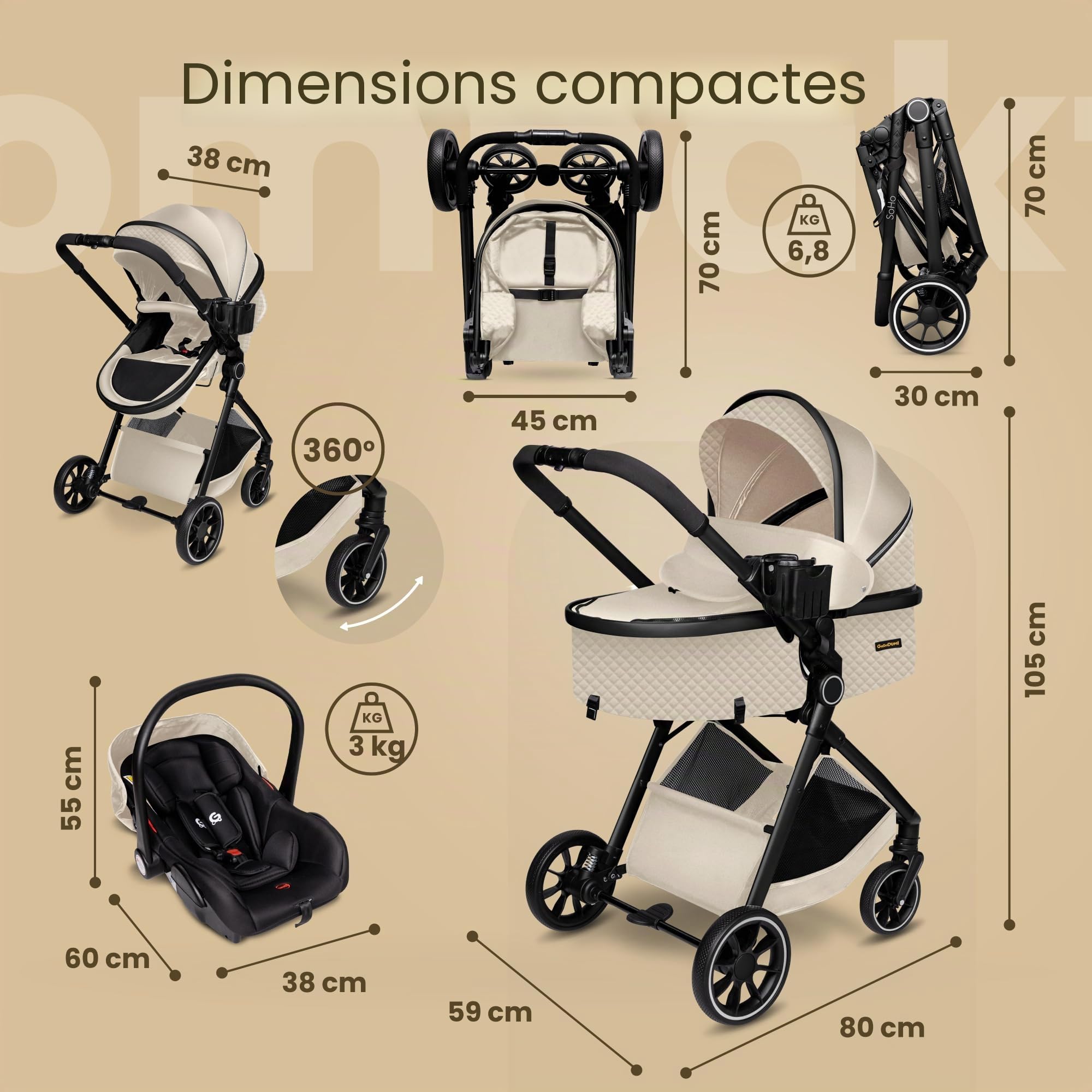 GaGaDumi SoHo poussette combinée 3-en-1 avec siège auto i-Size, certifiée TÜV, nacelle, poussette, ultra légère (env. 7 kg), habillage pluie, moustiquaire, sac à langer, panier et porte-gobelet