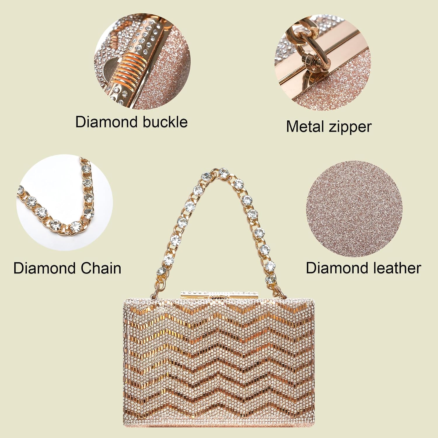 TRBSXRT Evening Clutch Purse for Women - Diamond Clutch Purses, Elegant Satchel Bag for Women, Evening Bag Formal Woven Handbag (Rose Gold)