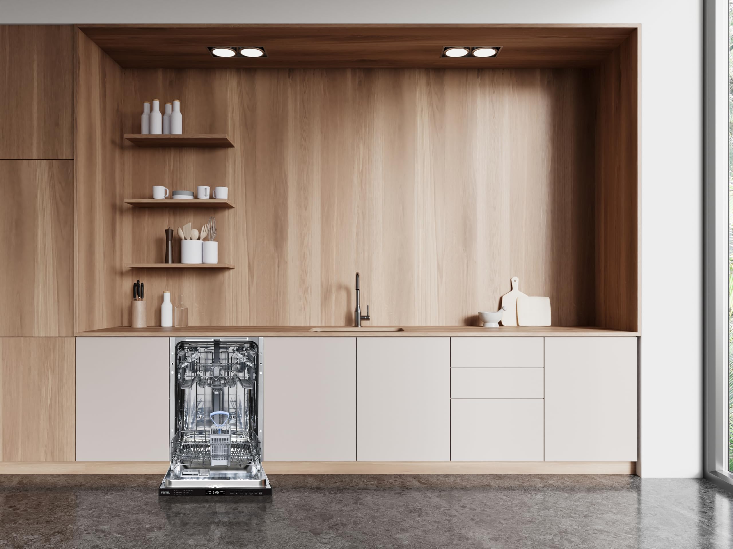Vestel VSV45-6 vollintegrierter Geschirrspüler 45 cm 10 Maßgedecke 6 Programme LED-Anzeige Energieklasse E