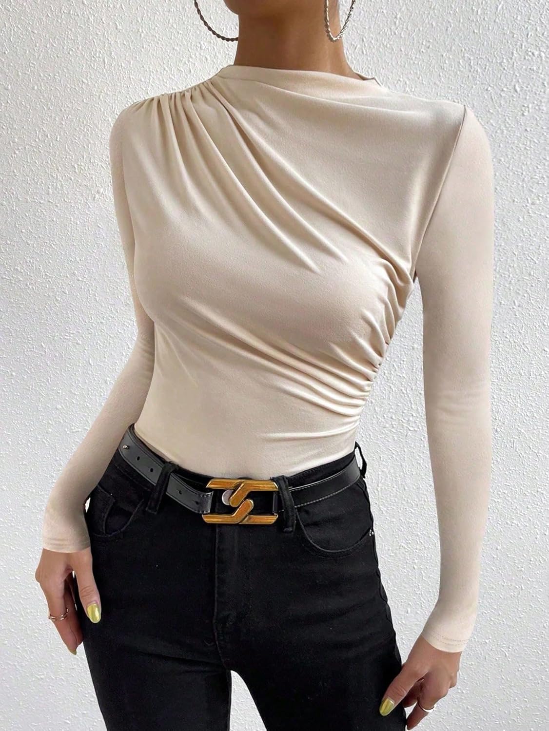 SweatyRocks Women's Ruched Long Sleeve Shirts Mock Neck Fitted T Shirts Basic Tops - Image 3