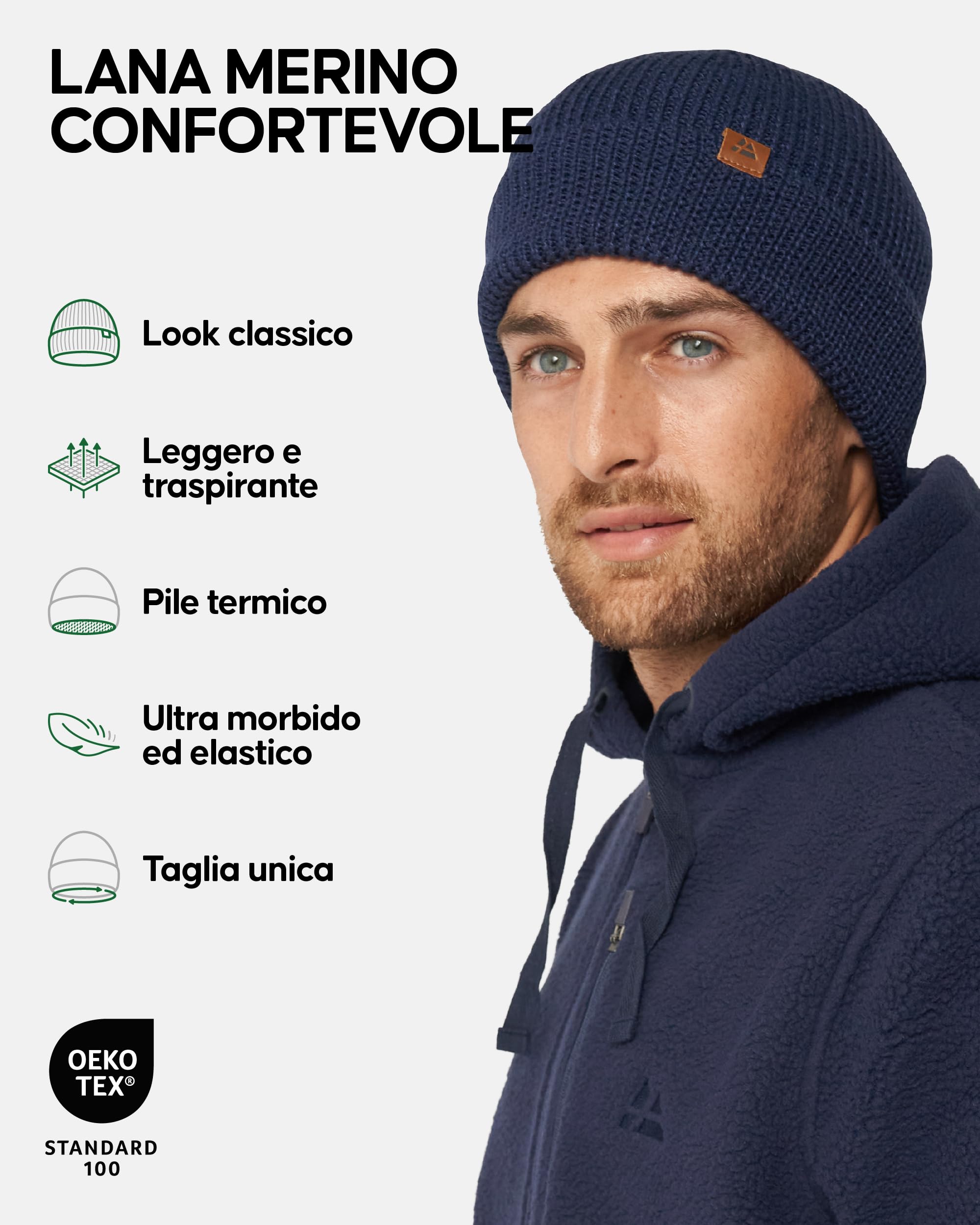 DANISH ENDURANCE Berretto Beanie in Lana Merino con Fodera in Pile, Berretto a Maglia, Berretto Invernale Uomo e Donna