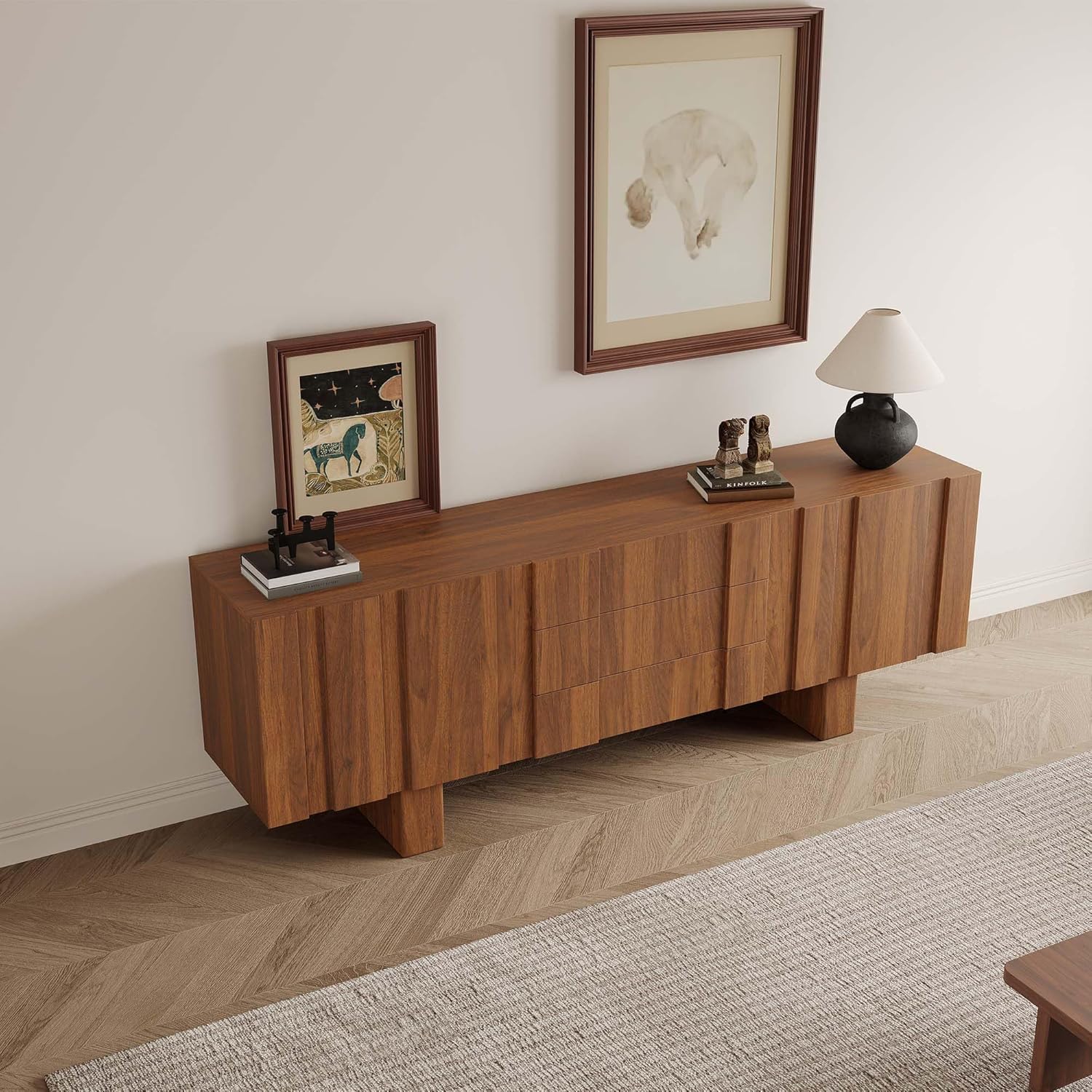 71" Mid Century Modern TV Stand for 55/60/65 inch TVs, Low Profile Entertainment Center with Storage Drawer - Fluted Door TV Cabinets, TV Console for Living Room Bedroom, Walnut-Look