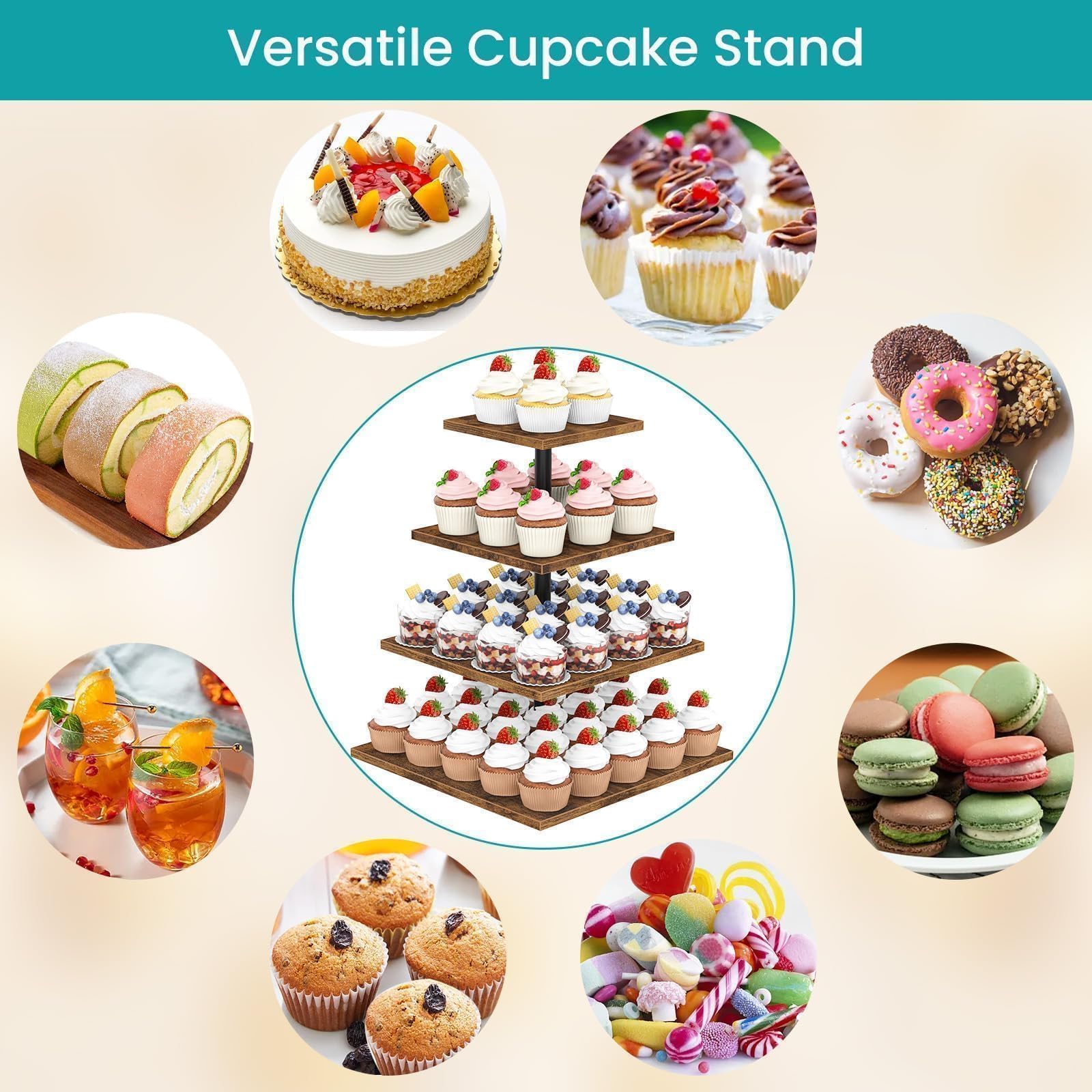 4-stöckige Etagere Holz Tortenständer | Cupcake Ständer & Servierständer für Desserts, Gebäck & Obst | Rustikaler Kuchenständer für Hochzeit, Party & Küche | Stabiles Design mit Metallrahmen