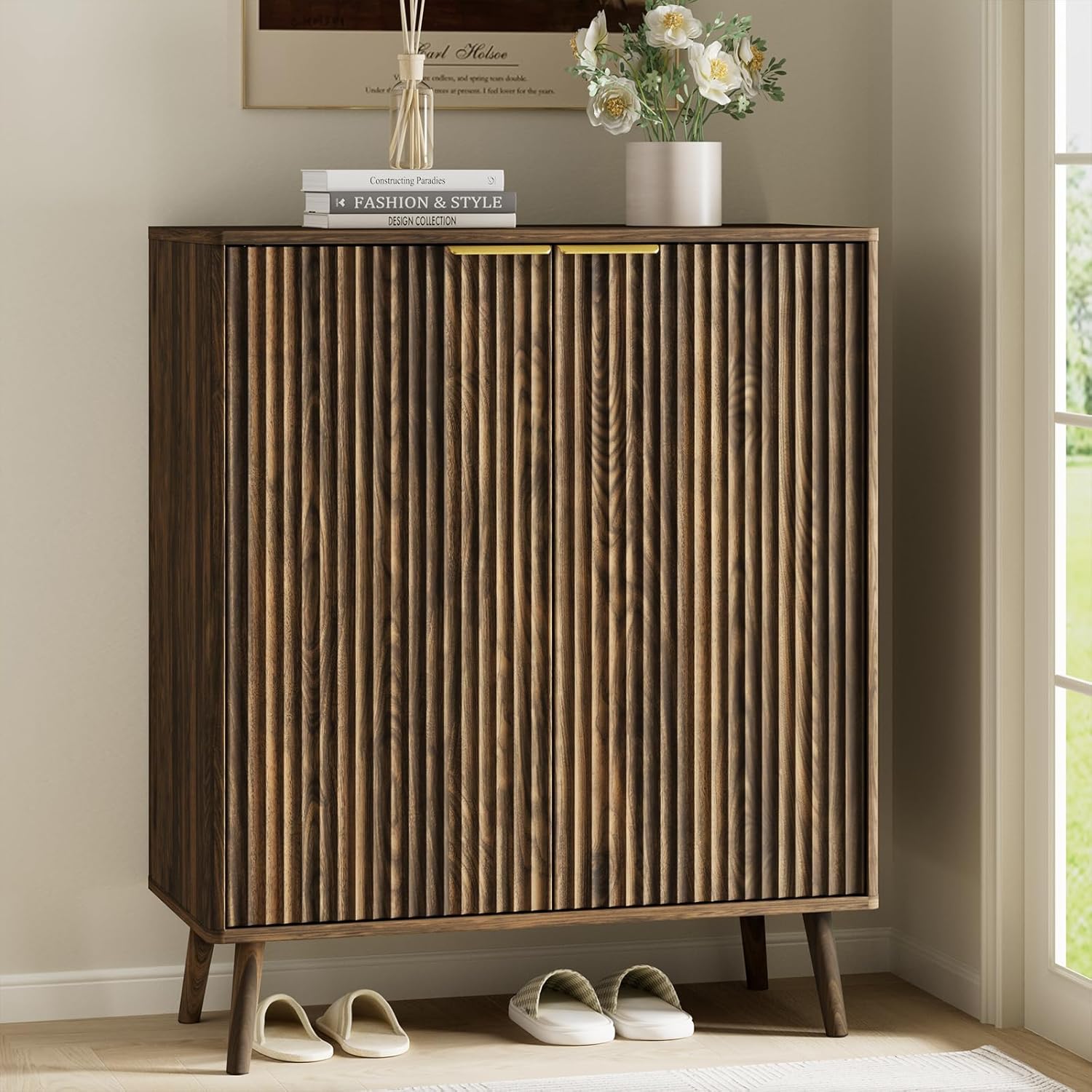 Fluted Shoe Cabinet with Doors, Large 5-Tier Shoe Cabinet Storage for Entryway, Walnut Wooden Shoe Cabinet with Adjustable Shelves, Modern Freestanding Shoe Storage Organizer for Entryway