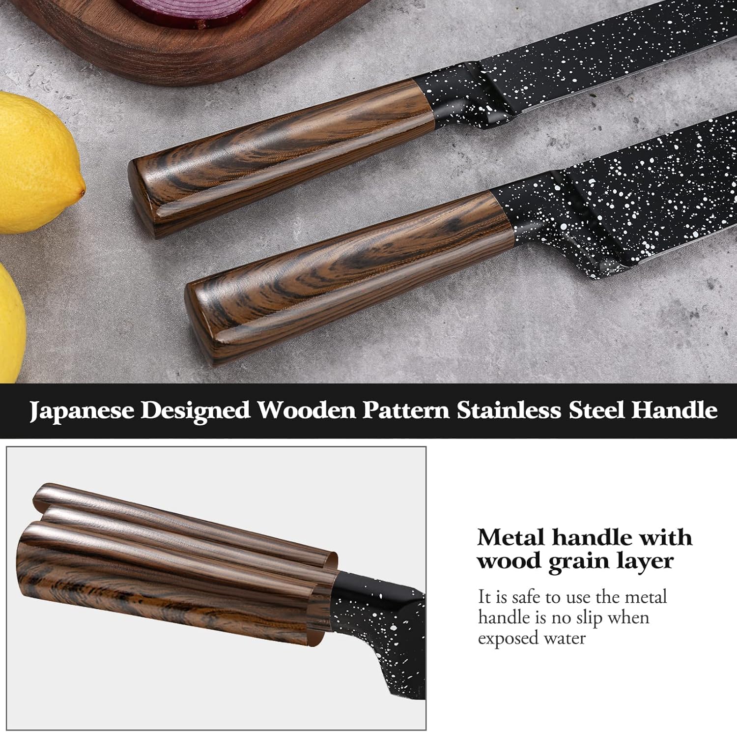 Royal Swiss - Juego de cuchillos (12 piezas, con bloque de madera y afilador integrado, cuchillos de cocina profesionales de acero inoxidable, mangas de madera, bloque de cuchillos de diseño