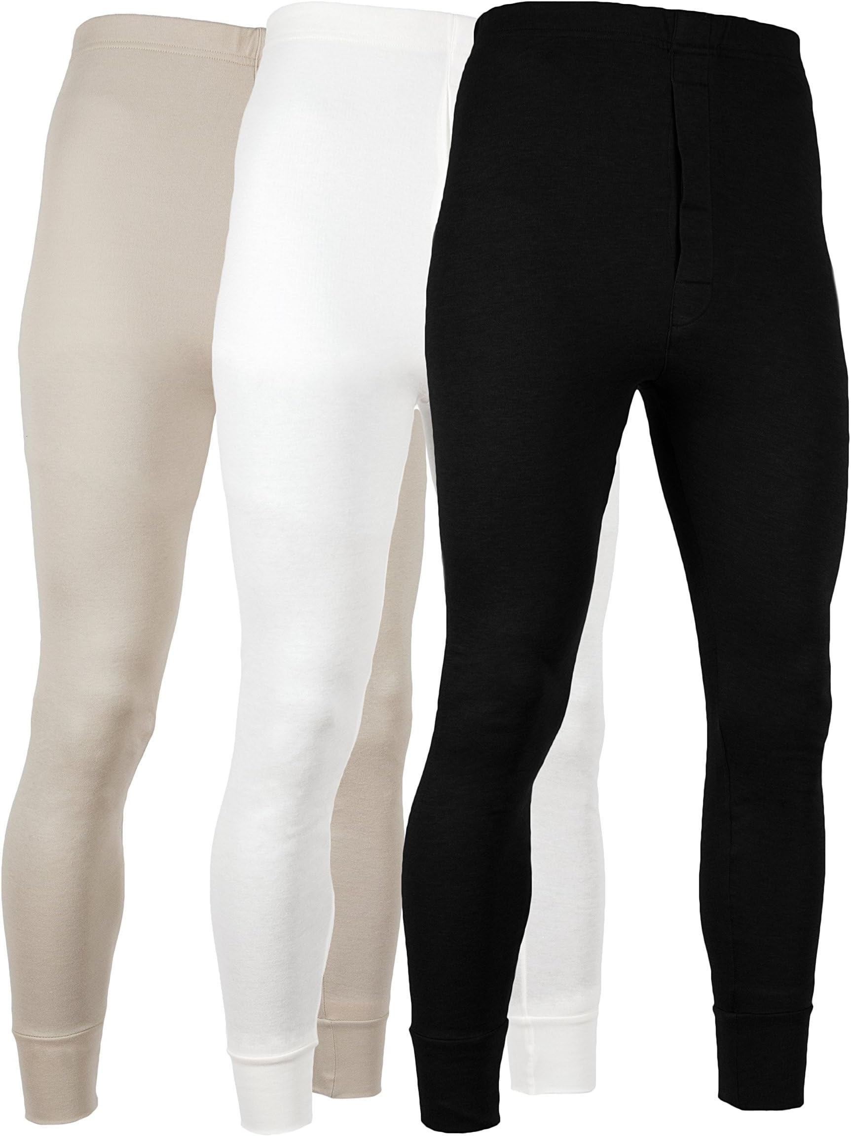 Men's Long Johns Thermal Base Layer Pants 100% Cotton Fleece Lined Underwear -Pack of 3