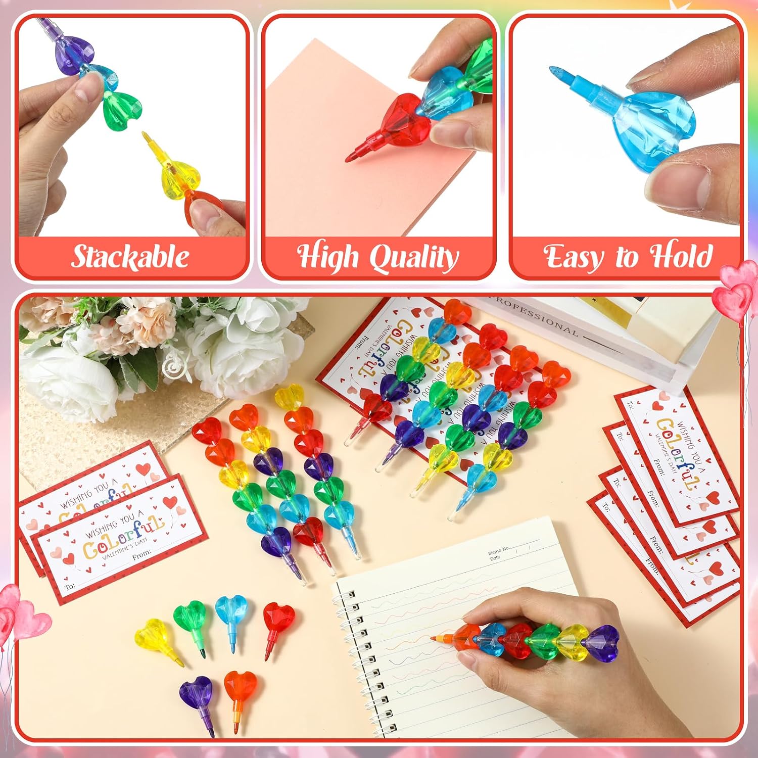 24 Valentines Cards and Stacking Crayons 24 Pcs 6 Colors Heart Buildable Crayons 24 Pcs Valentines Greeting Cards for Prizes Gift Goodie Bag Fillers Party Supplies