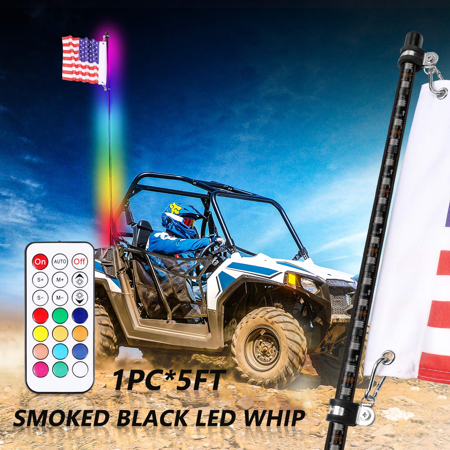 NIWAKER POWERSPORTS5ft Smoked Black LED Whip Lights with RF Remote Control RGB Dancing/Chasing Light Antenna LED Whips for ATV UTV Polaris RZR Off Road Truck Vehicle Dune 4X4