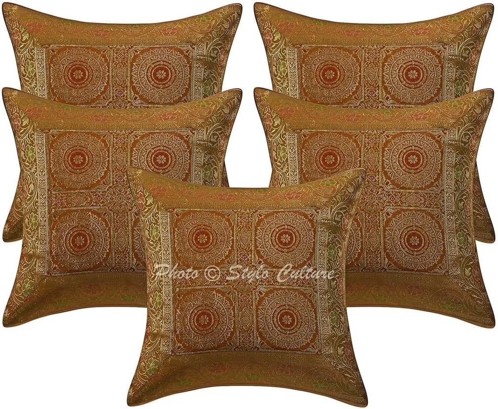 Bohemian Decorative Sofa Settee Accent Throw Pillow Covers 40x40 cm Brocade Living Room Purple Mandala Jacquard Square Luxury Zippered Indian 16x16 Inch Cushion Covers - 5 Pcs