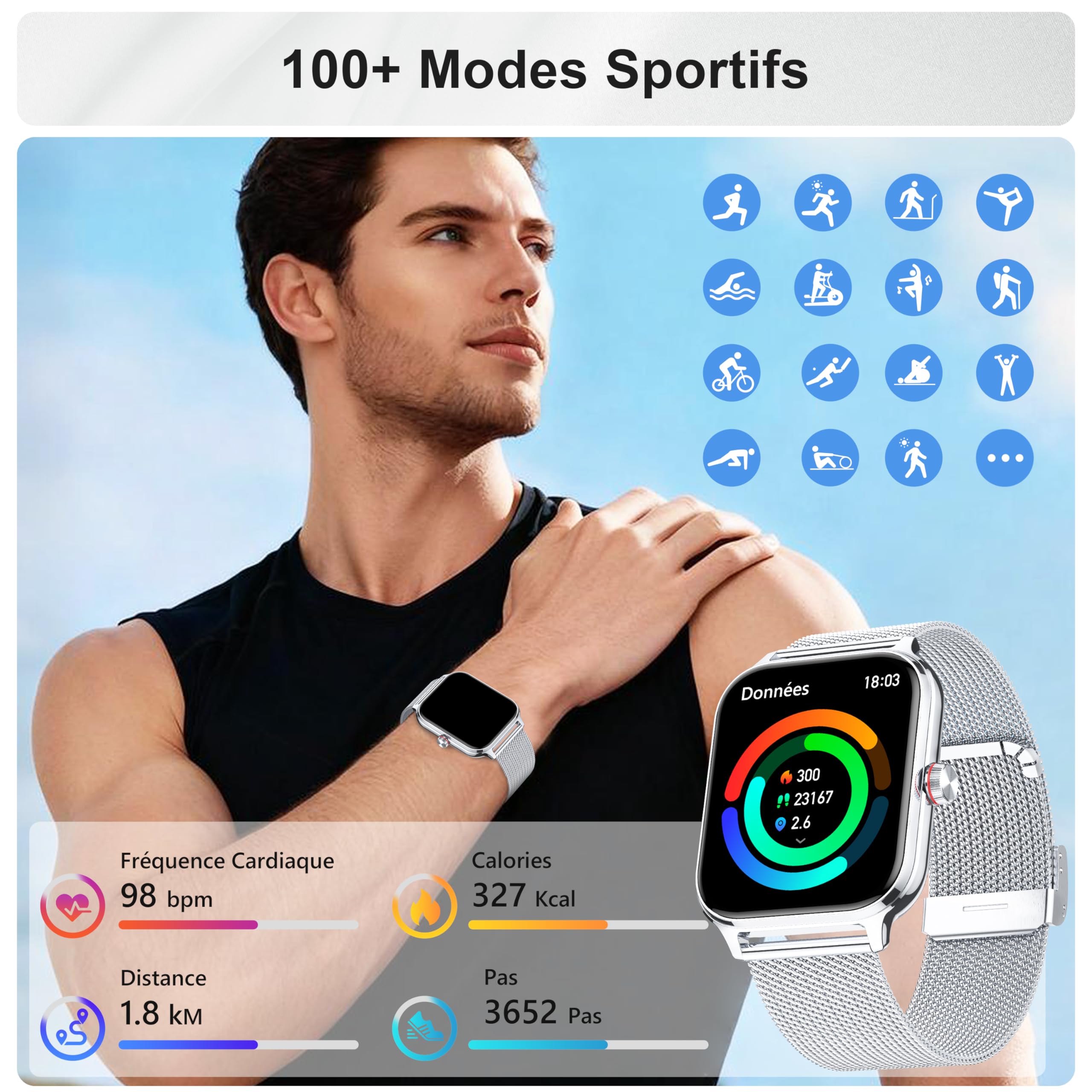 LODIMEKE Smartwatch Appel pour Apple Samsung Xiaomi & Android Phones, Montre Connectée Femme Homme Tension Artérielle Fréquence Cardiaque Sommeil, 1.96'' AI 100+ Sports, IP67 Podomètre Calculatrice
