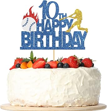 Baseball Themed 10th Birthday Cake Topper Sport Baseball 10th Birthday Cake Decorations Happy Birthday Party Supplies Glittery Blue