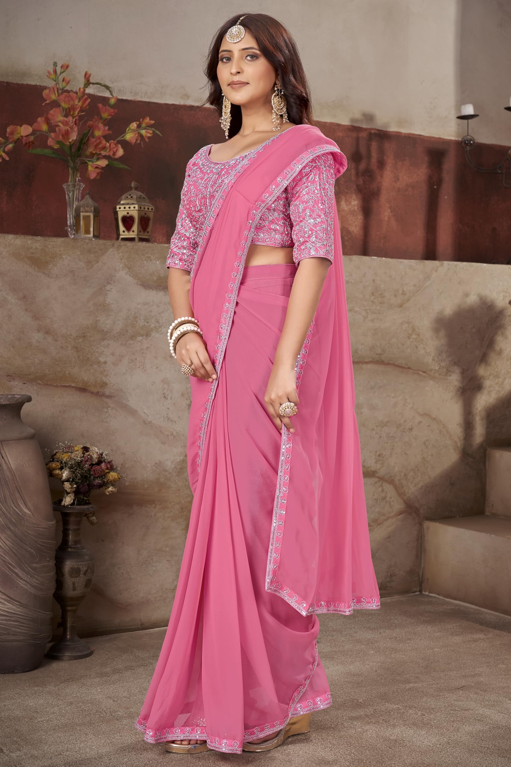 Glory Sarees Women's Georgette Ready To Wear Saree With Silk Blouse Piece (Readymade_Saree106_Pink) 2
