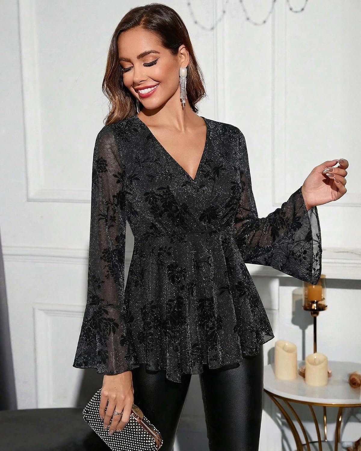 VALOLIA Women Long Sleeve Sparkly Tops V Neck Blouses Dressy Elegant Party Wrap Top - Image 4