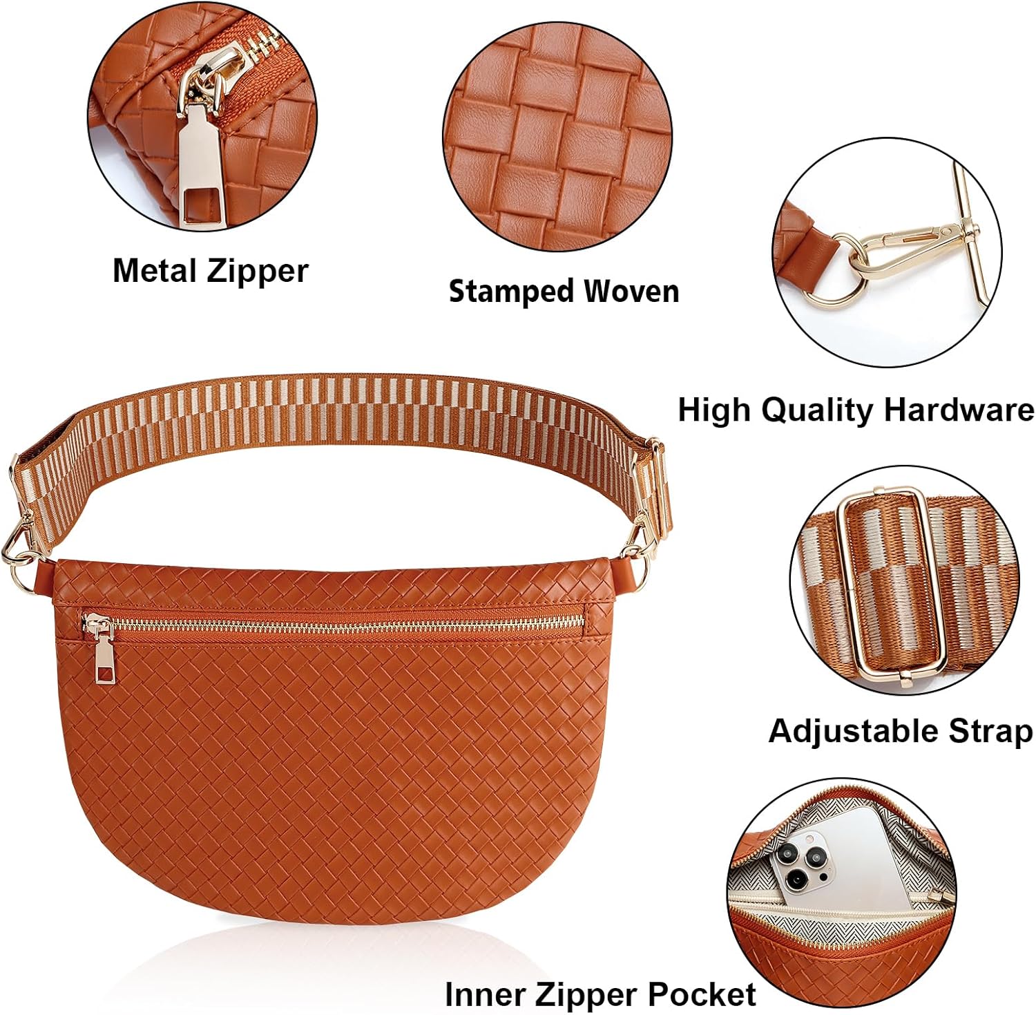 Woven Crossbody Bags for Women Leather Belt Bum Sling Purse Fanny Waist Pack Chest Shoulder Bag for Women-Brown - Image 3